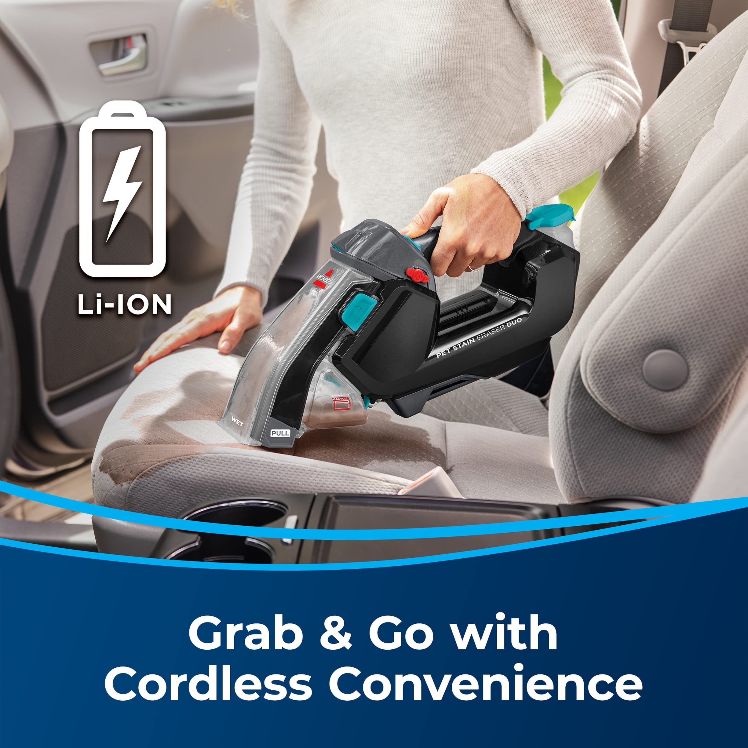 Bissell Stain Eraser Duo, 2 In 1 Cordless Portable Deep Cleaner And Hand Vacuum With Pet Pro Oxy Spot & Stain Formula, 3705, Bla