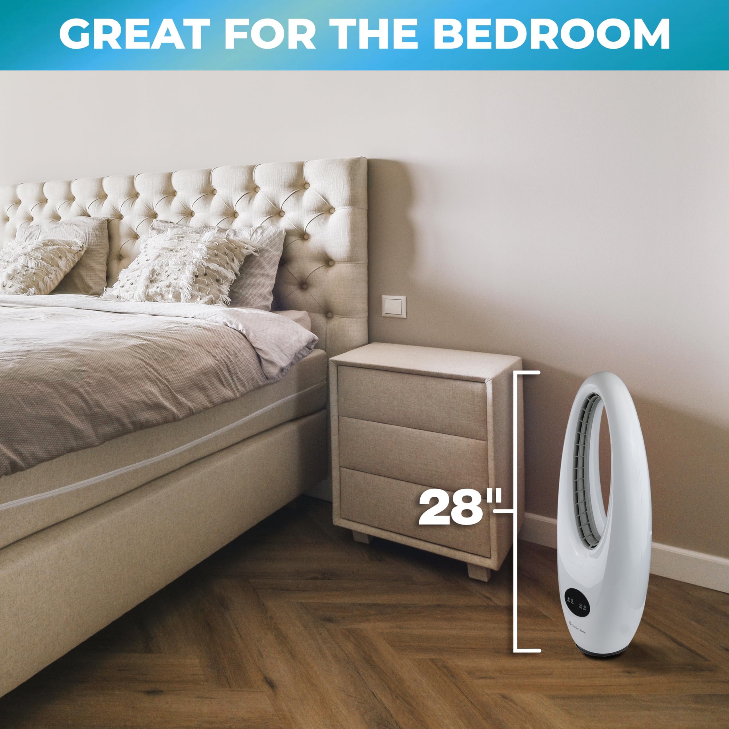 Comfort Zone 28-Inch Oscillating Bladeless Tower Fan With Remote Control, 3 Speeds, 70 Oscillation, Portable Tower Fan With 9-Ho