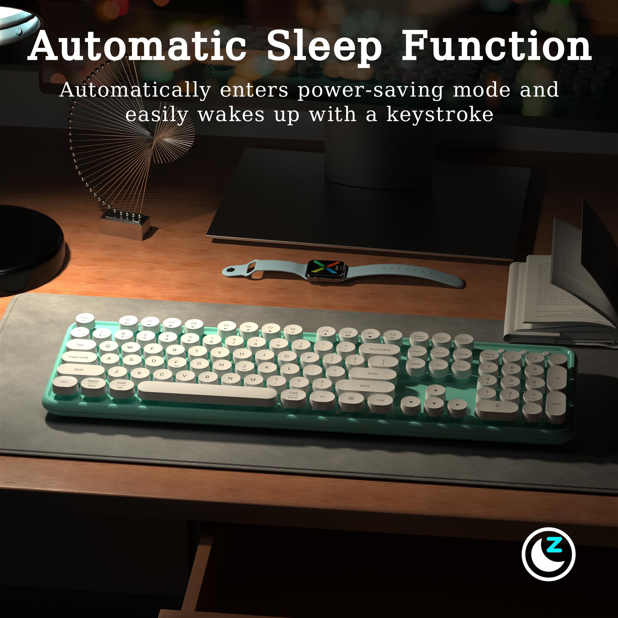 Links9+ Wireless Bluetooth Keyboard, Retro Typewriter Style Keyboard, Full Size With Round Keycaps, 2.4Ghz Plug And Play Connect