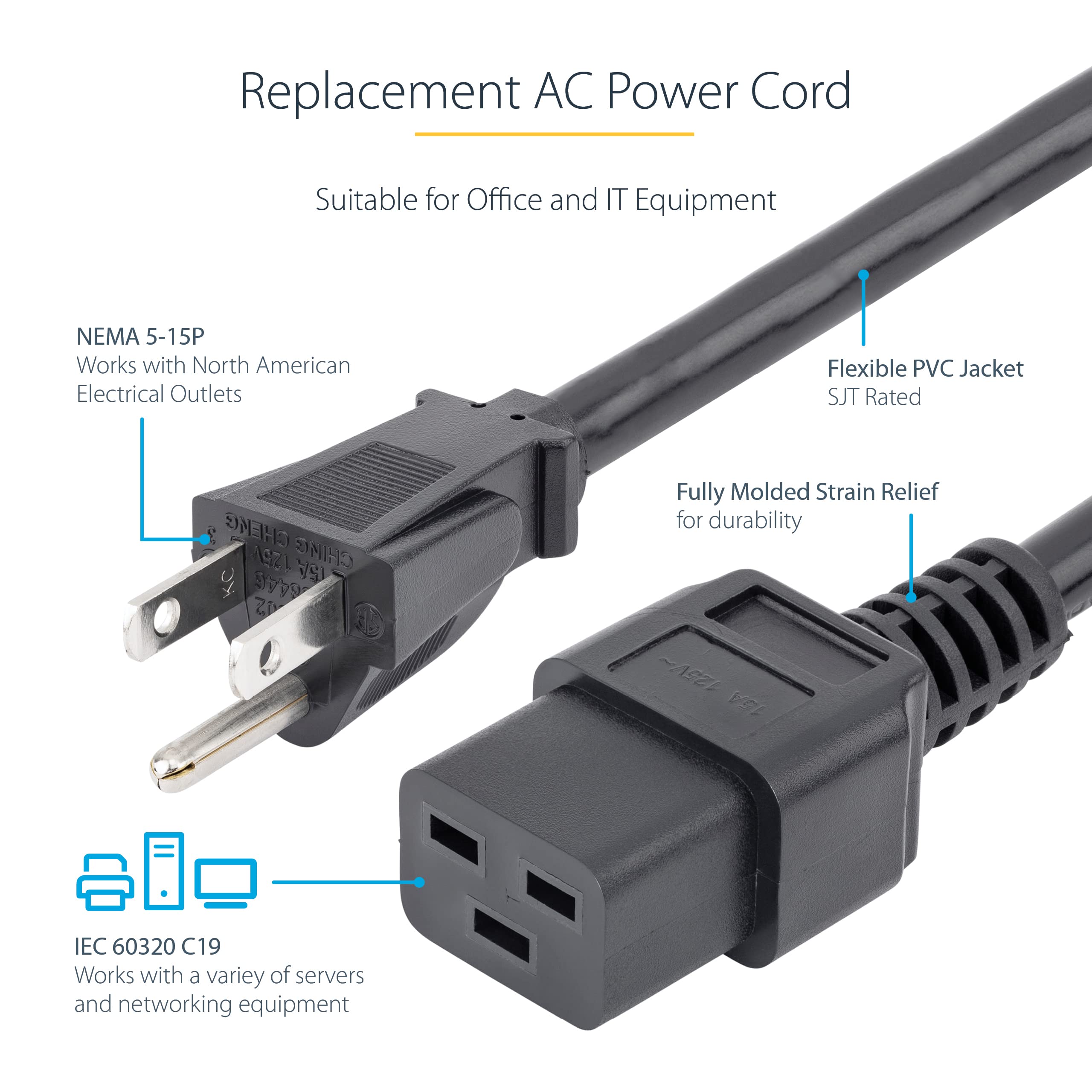 Startech.Com 6Ft (1.8M) Heavy Duty Power Cord, Nema 5 15P To C19 Ac Power Cord, 15A 125V, 14Awg, Computer Power Cord, Heavy Gaug