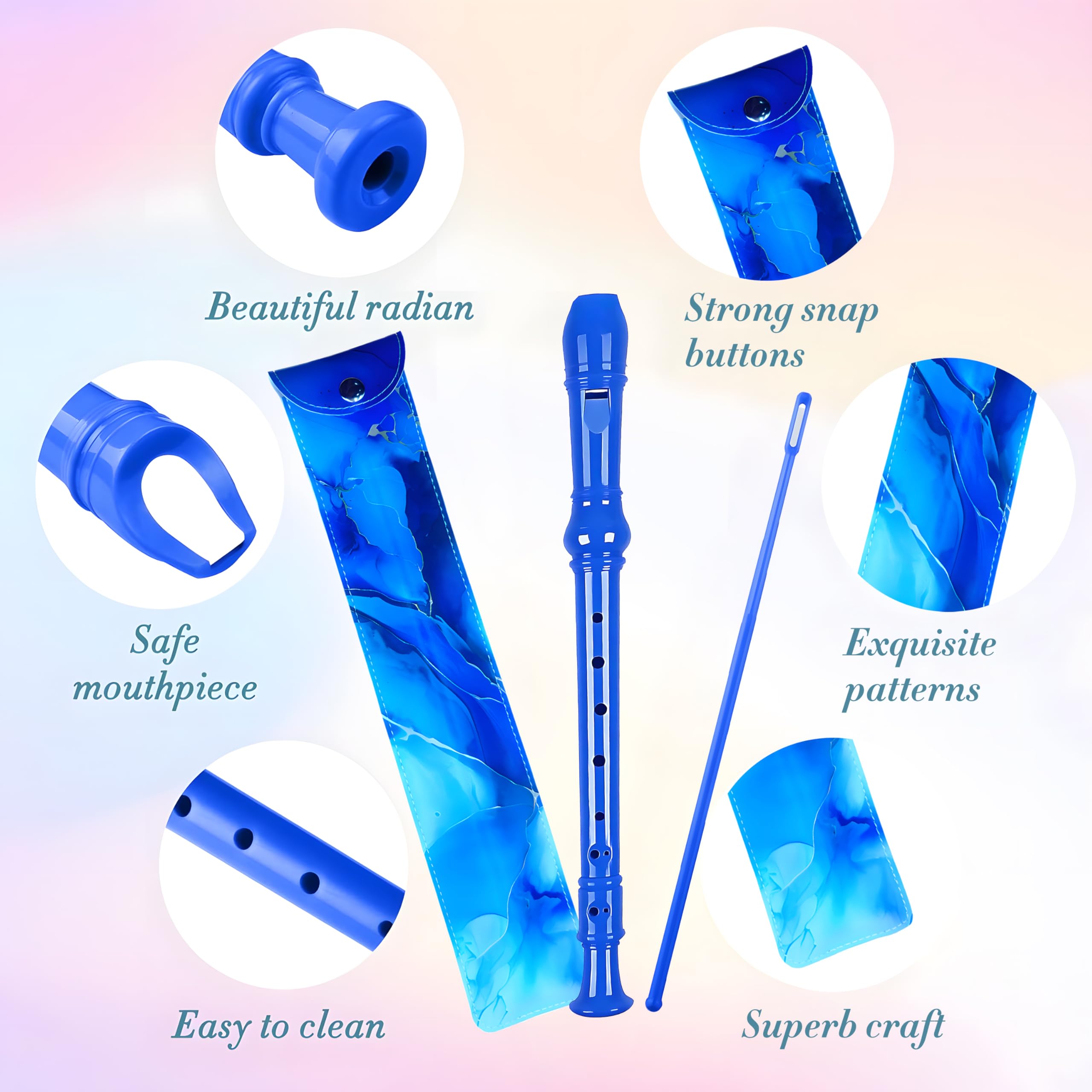 Soprano Recorder For Kids Beginners, German Fingering, C Key, 3 Piece With Cleaning Rod, Bag, Fingering Chart (Blue)