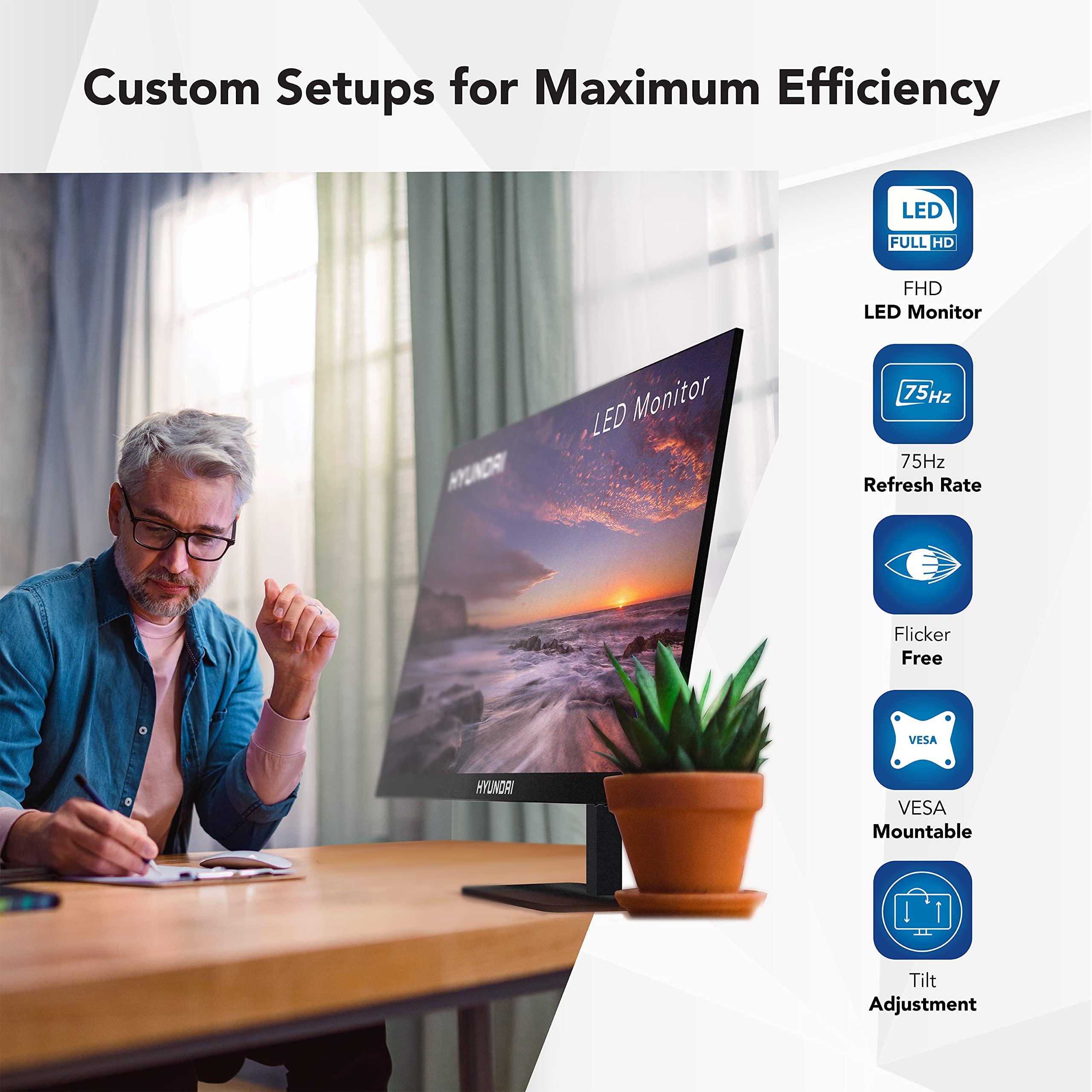 Hyundai 24 Inch Monitor, Professional Thin 75Hz, 1080P Full Hd (1920X1080) Led, Hdmi Pc Monitor, Vga Cables Included Vesa Mounta