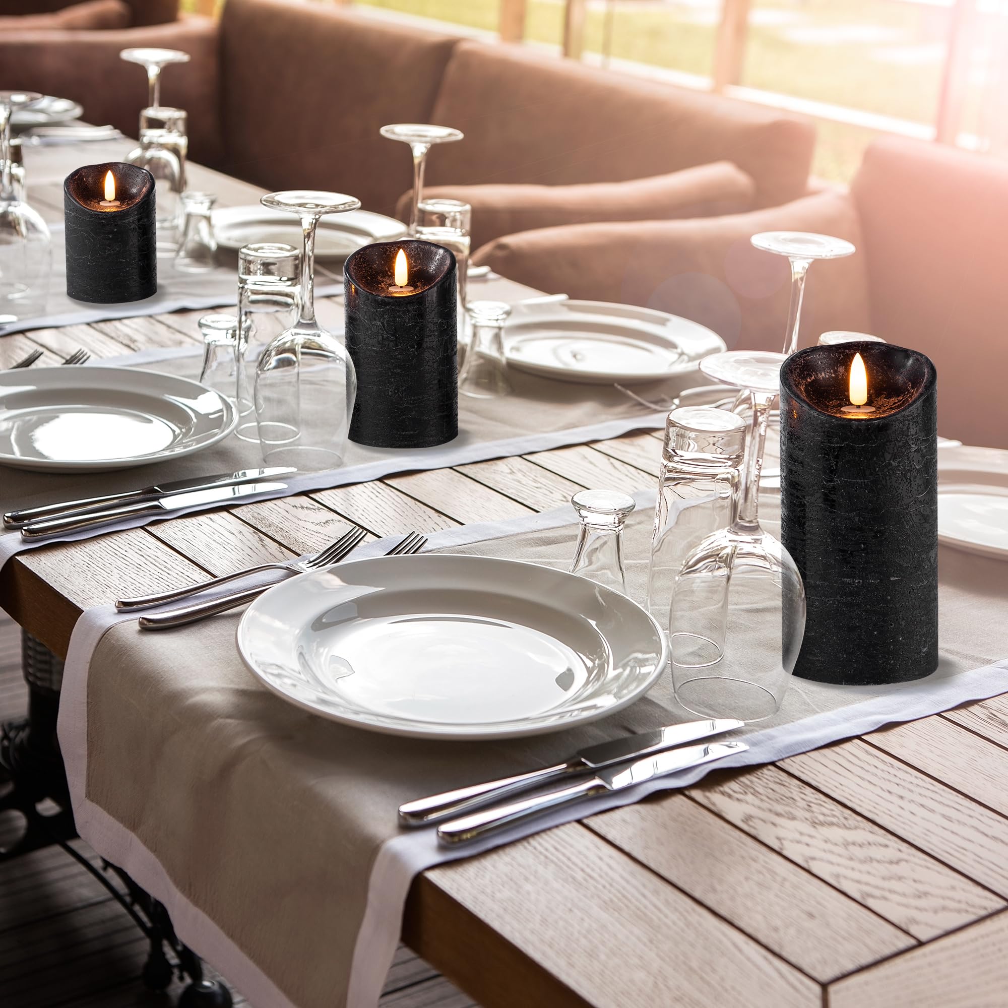 Pandaing Pack Of 3 Black Regular Textured Led Flameless Flickering Battery Operated Candles With Remote And Timer, Real Wax Pill