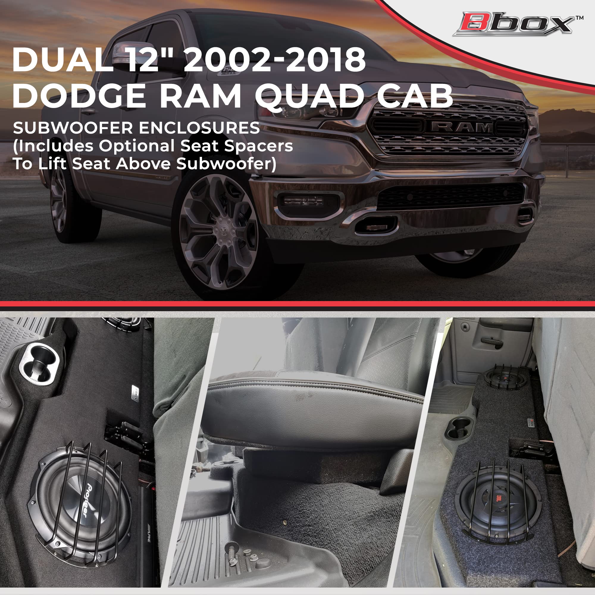 Bbox Dual 12 Inch Subwoofer Sealed Enclosure   Fits 2002   2018 Dodge Ram Quad Cab   Carpeted Car Subwoofer Boxes & Enclosures