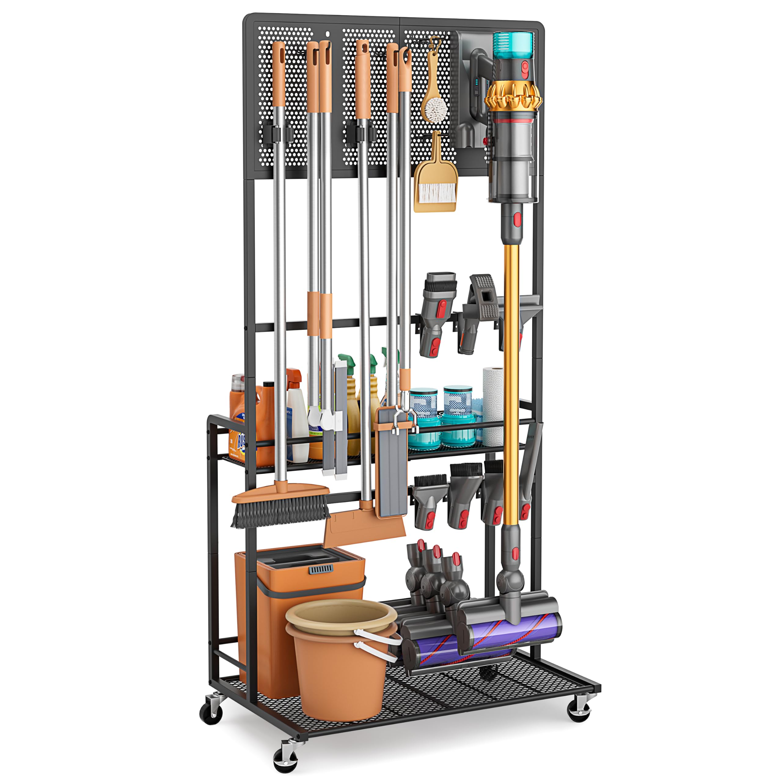 Vacuum Stand for Dyson V15 V12 V11 V10 V8 V7 V6 with Broom Holder and Cleaning Supplies Organizer, Standing Dock with Accessory 