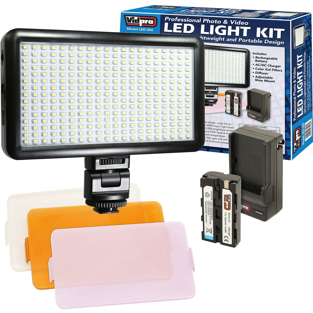 Vidpro LED-300 Photo and Video Light Kit - On Camera Panel LED Light - Adjustable and Dimmable Light Fits Cameras Video Camcorders and DLSR w/Hot Shoe Includes Rechargeable Battery Diffuser and More