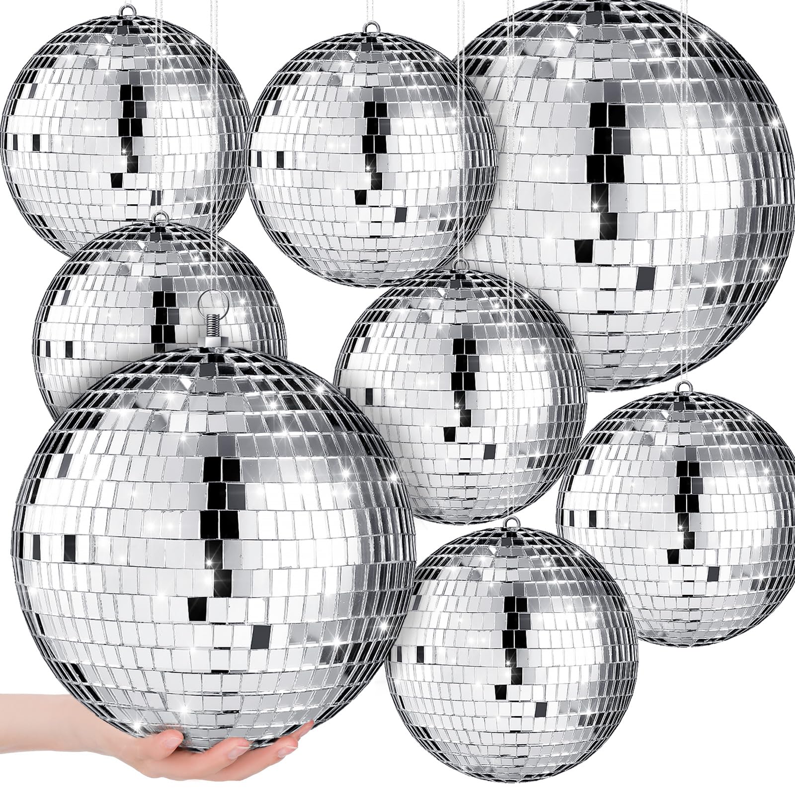 Haull 8 Pcs Large Disco Ball Set Silver Mirror Disco Balls Reflective Ball With Hanging Ring Party Ornament Decoration For Stage