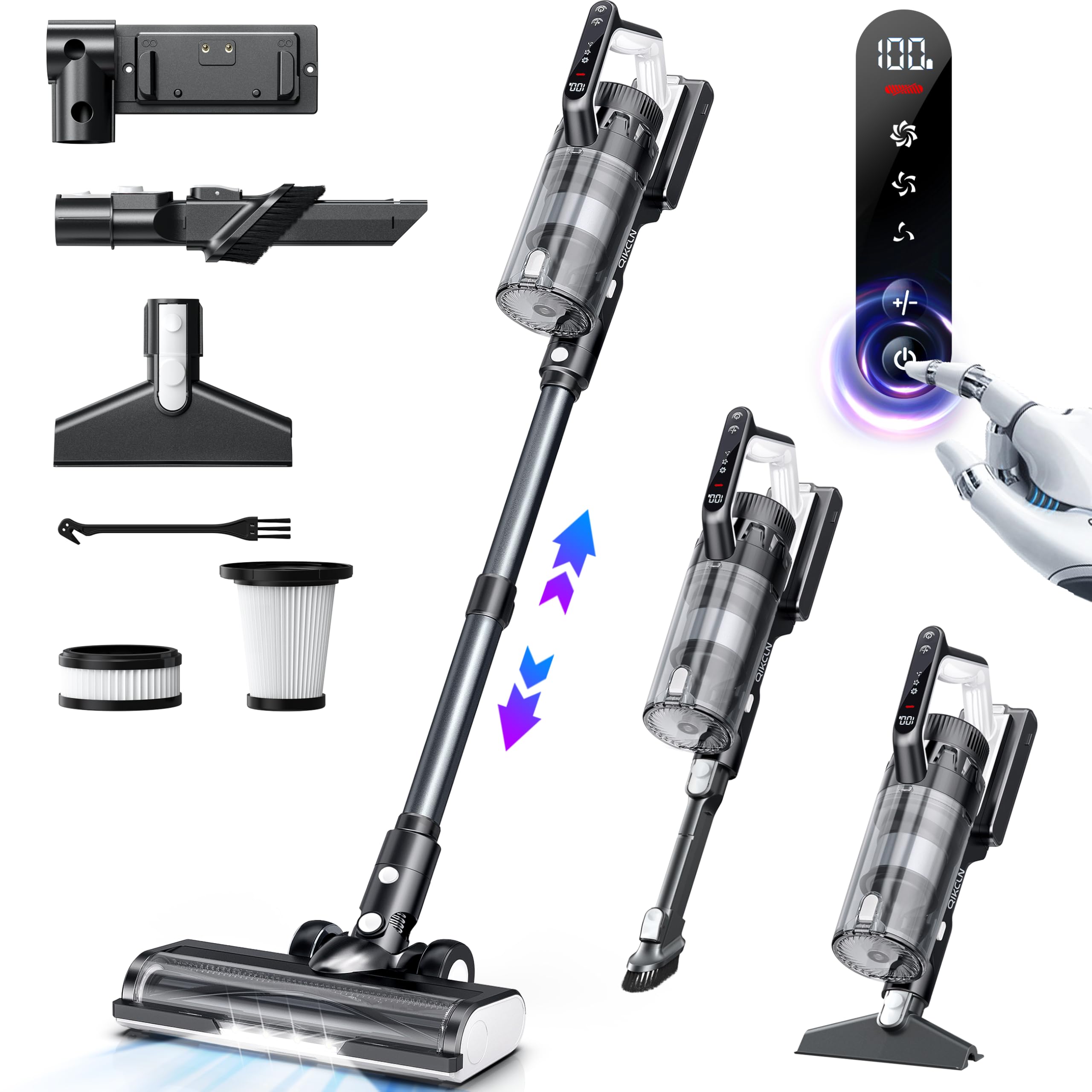 Qikcln Cordless Vacuum Cleaner Rechargeable, 23000Pa Powerful Vacuum Cleaner For Home With Xl Dust Cup, Led Headlights, 45Min Ru
