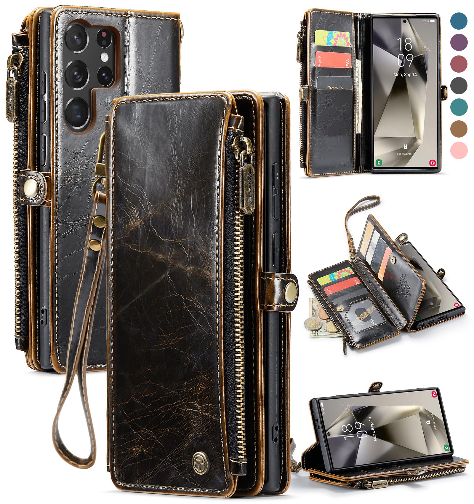 Defencase Samsung Galaxy S23 Ultra Wallet Case, Pu Leather Magnetic Flip Zipper Card Holder, Luxury Coffee
