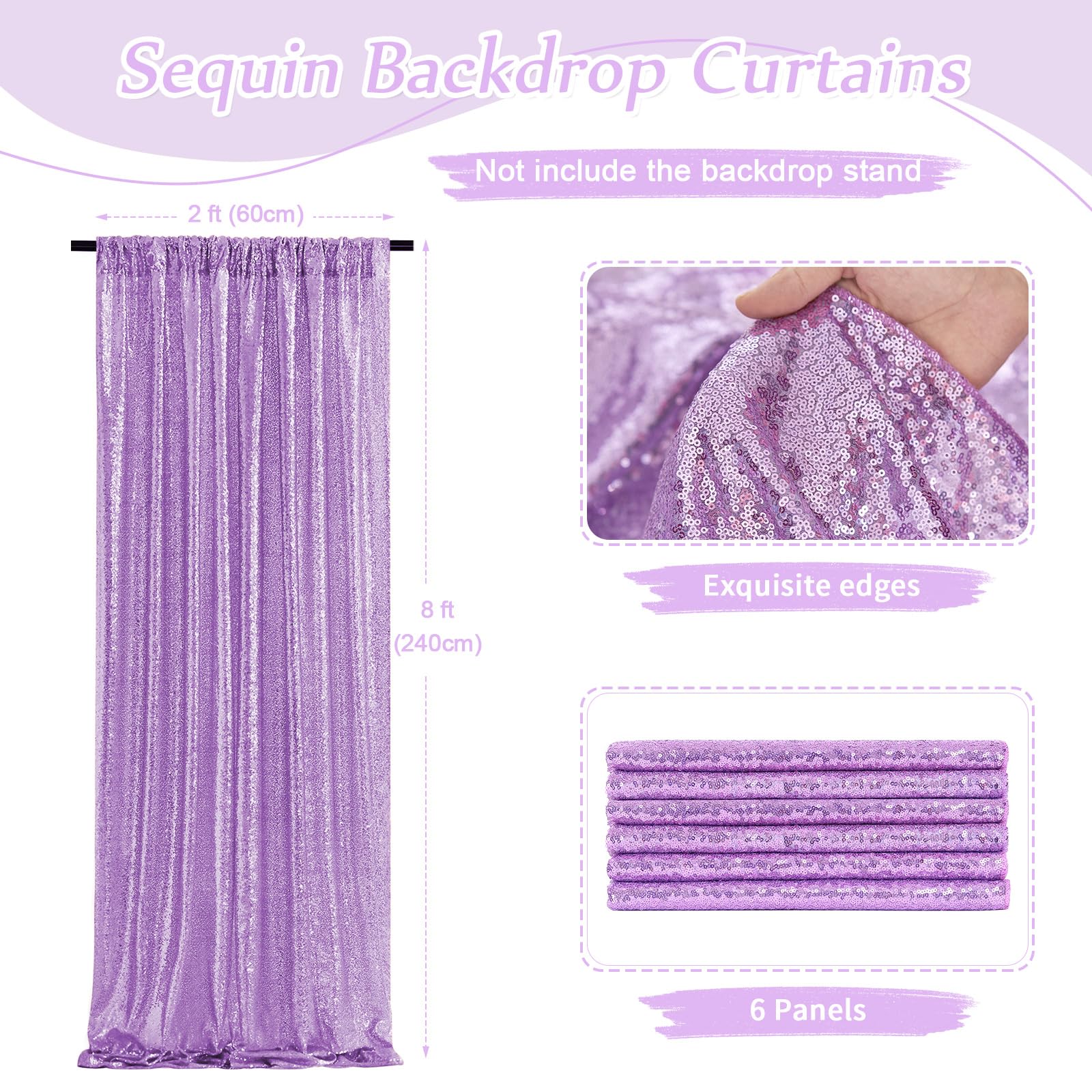 Lavender Glitter Sequin Backdrop Curtains 6 Pieces 2Ftx8Ft Dessert Backdrop Wedding Party Decor Glitter Photography Background C