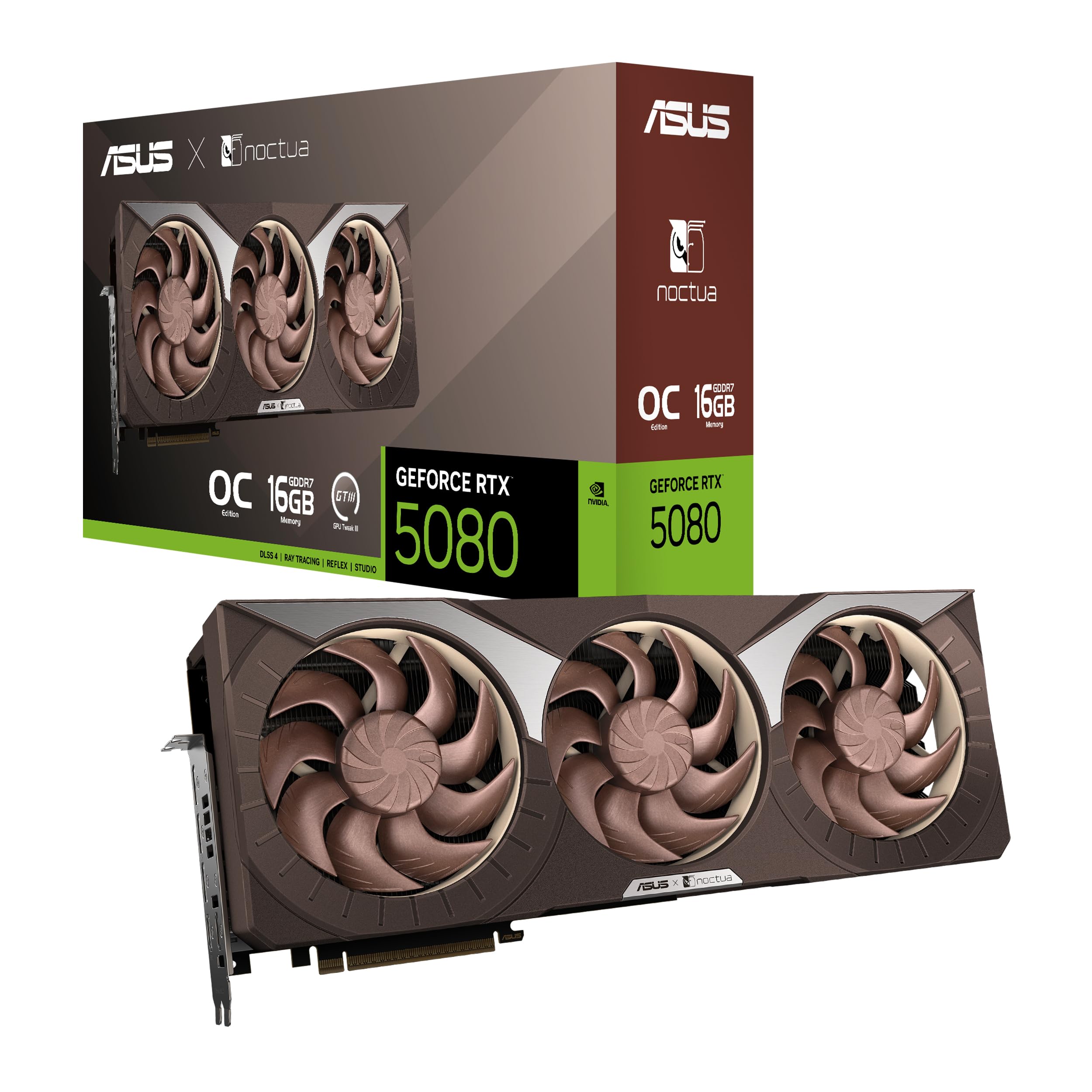 ASUS GeForce RTX 5080 16GB GDDR7 Noctua OC Edition (Three Noctua NFA12x25 G2 PWM 120mm Fans, 16GB DDR7, Optimized Vapor Chamber