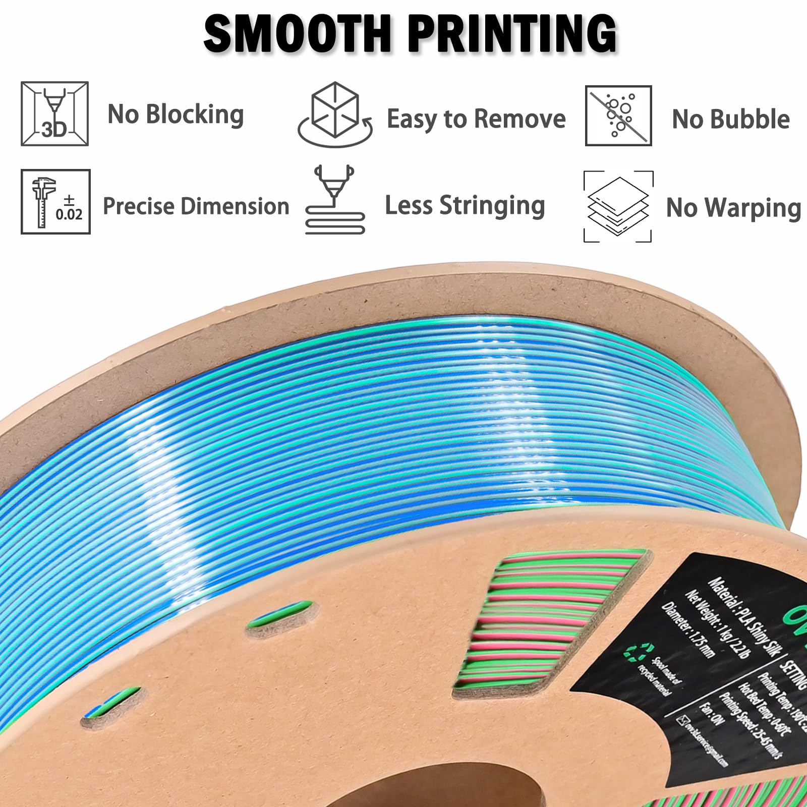 Ovv3D Pla Filament 1.75Mm Tri Colors, 3D Printer Filament Silk Pla Filament, Rainbow Pla Filament With Silk Pla Sky Blue Rose Re