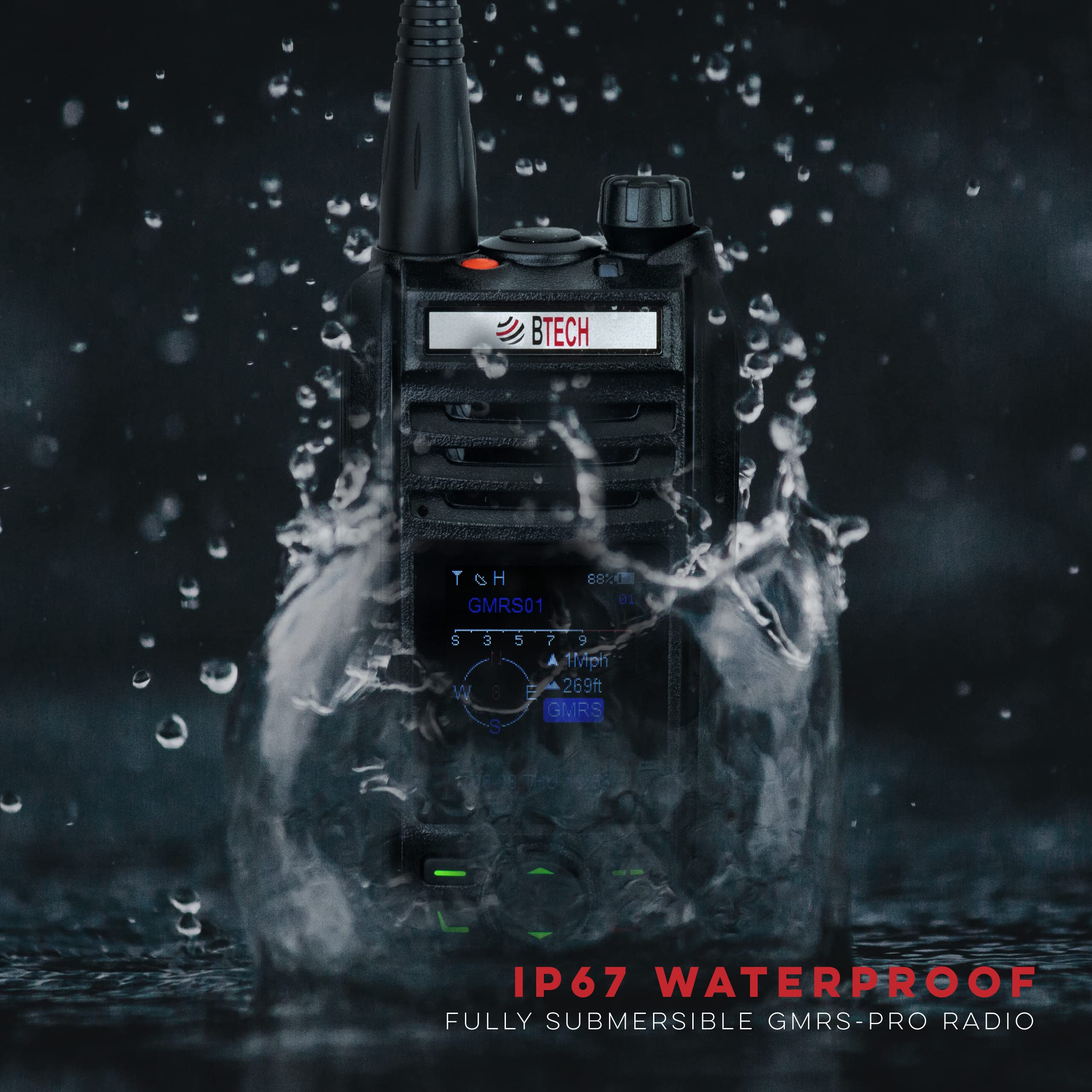 Btech Gmrs-Pro Ip67 Submersible Radio With Texting & Location Sharing, Gps, Bluetooth Audio, Compass, Noaa Weather Alerts, Dual