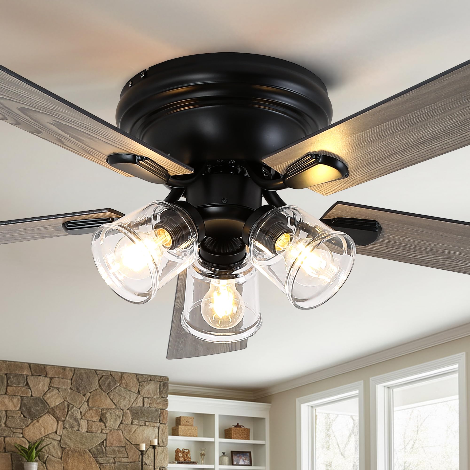 Chords Attic 52 Inch Vintage Ceiling Fan with Light and Remote Control, Flush Mount Chandelier Fandelier Rustic with 6 Speeds 5 