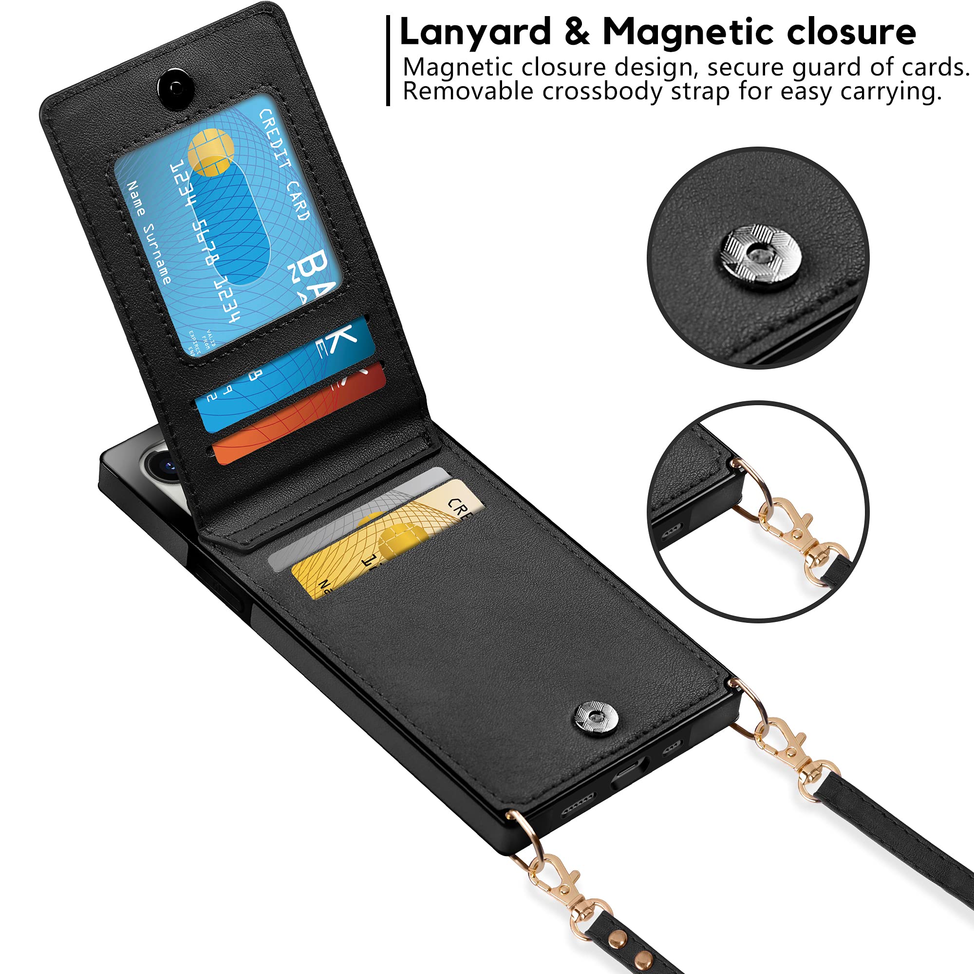 Vofolen Compatible With Phone 13 Wallet Case With Credit Card Holder Lanyard Crossbody Strap Leather Magnetic Clasp Kickstand He