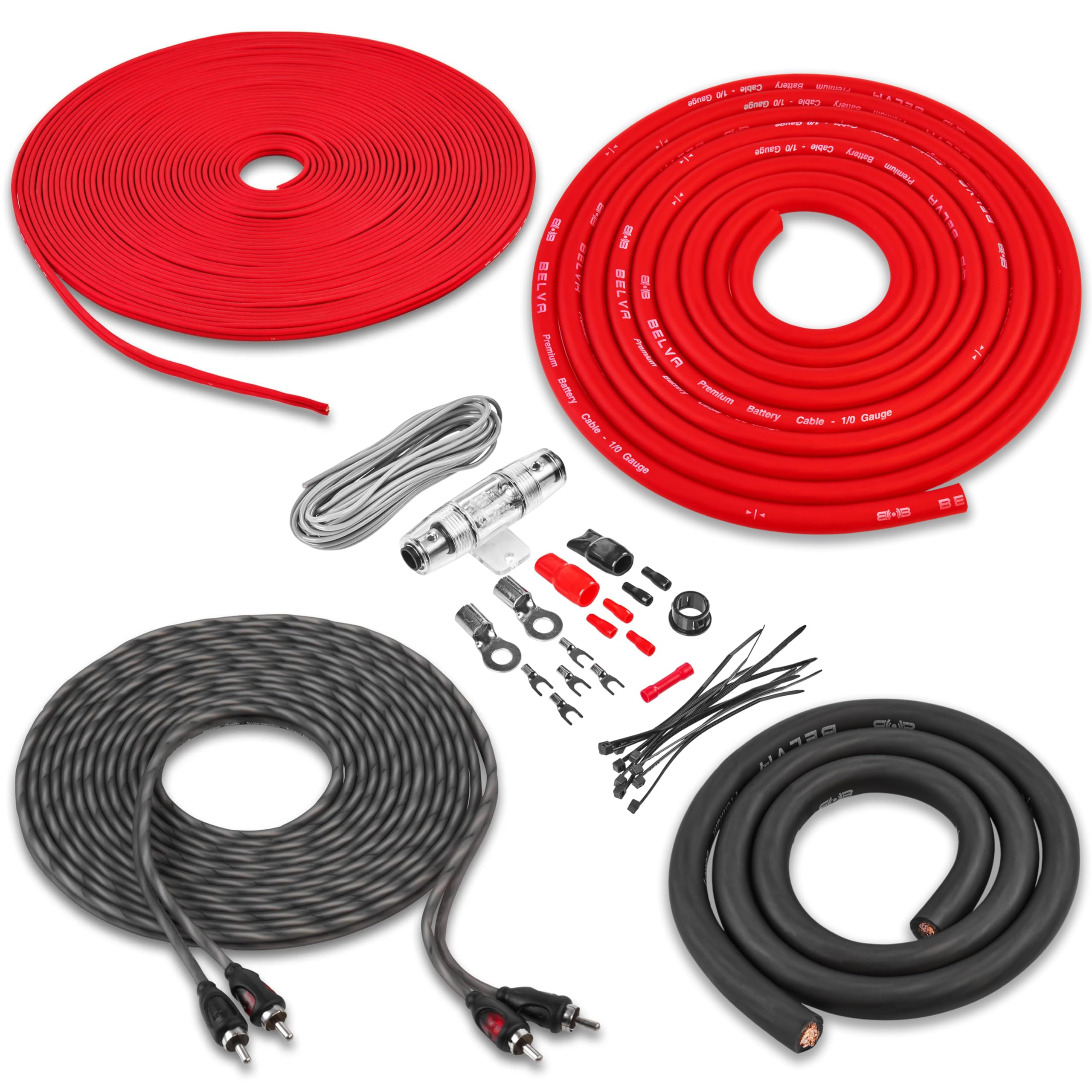 Belva True 1/0 Gauge Awg Premium Cca Complete Amplifier Wiring Kit With Ofc 2 Channel Rca Cable   Bak02 Red