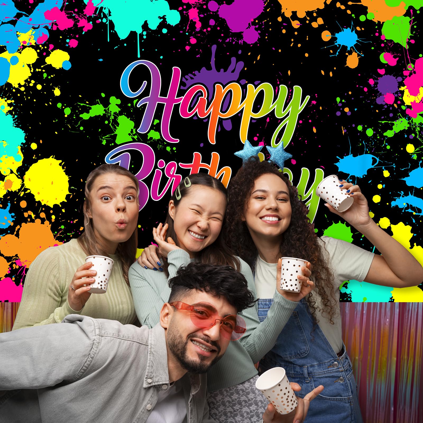 Avezano Glow Neon Birthday Backdrops Glow In The Dark Happy Birthday Party Background Decorations Colorful Graffiti Splash Paint