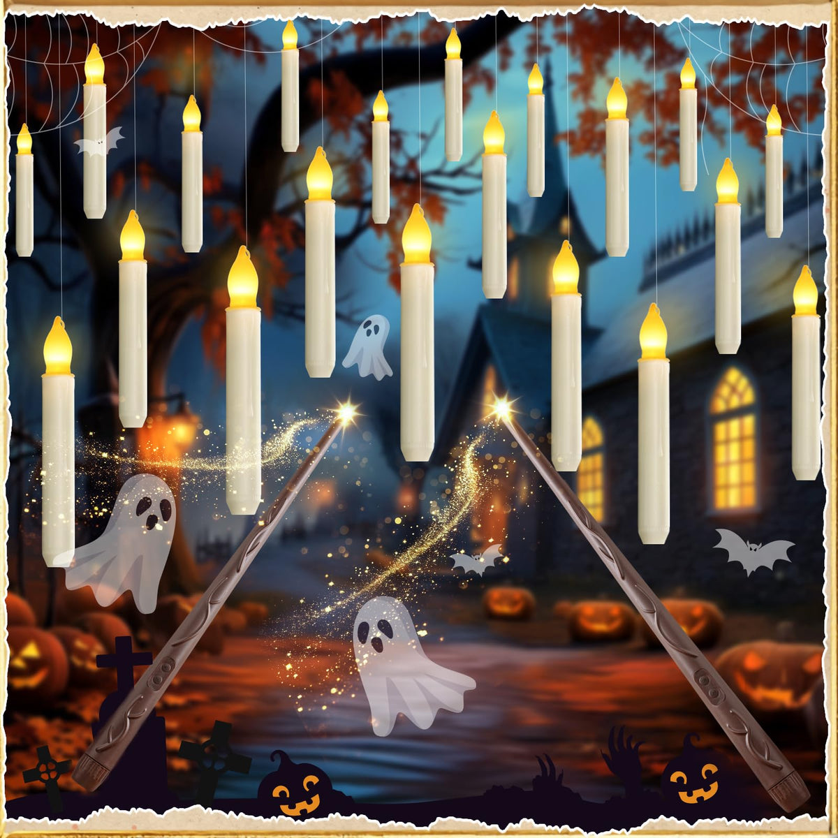 Homemory 20 Pcs Floating Candles With 2 Wand, Led Warm Yellow Magic Deco Candle, Warm Yellow Flameless Taper Candles For Hallowe