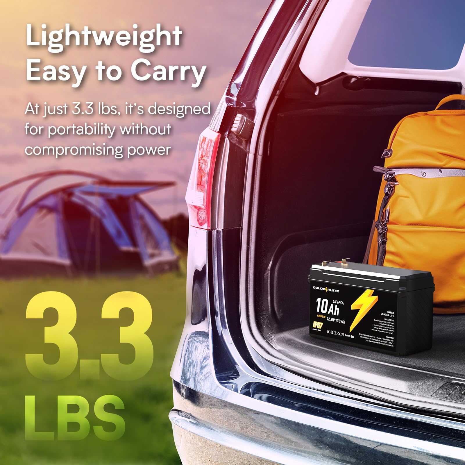 Goldenmate 12V 10Ah Lifepo4 Lithium Battery(2 Packs), 5000+ Deep Cycles, Ip67 Waterproof Lithium Iron Phosphate Battery, Built I