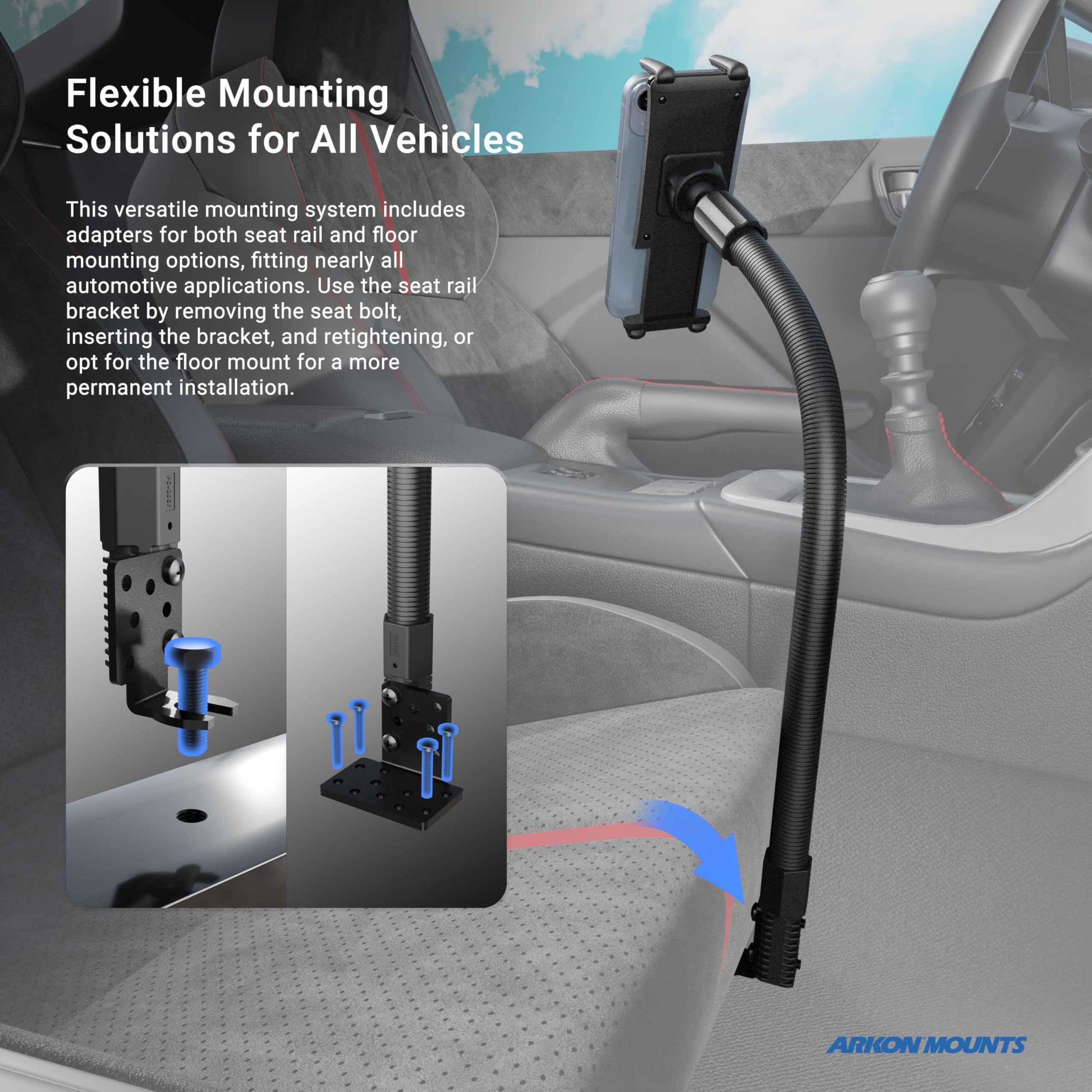 Arkon Mounts - Car Seat Rail Phone Or Tablet Mount | Flexible Positioning | 22'' Gooseneck | 360 Adjustability | Tablet Holder F