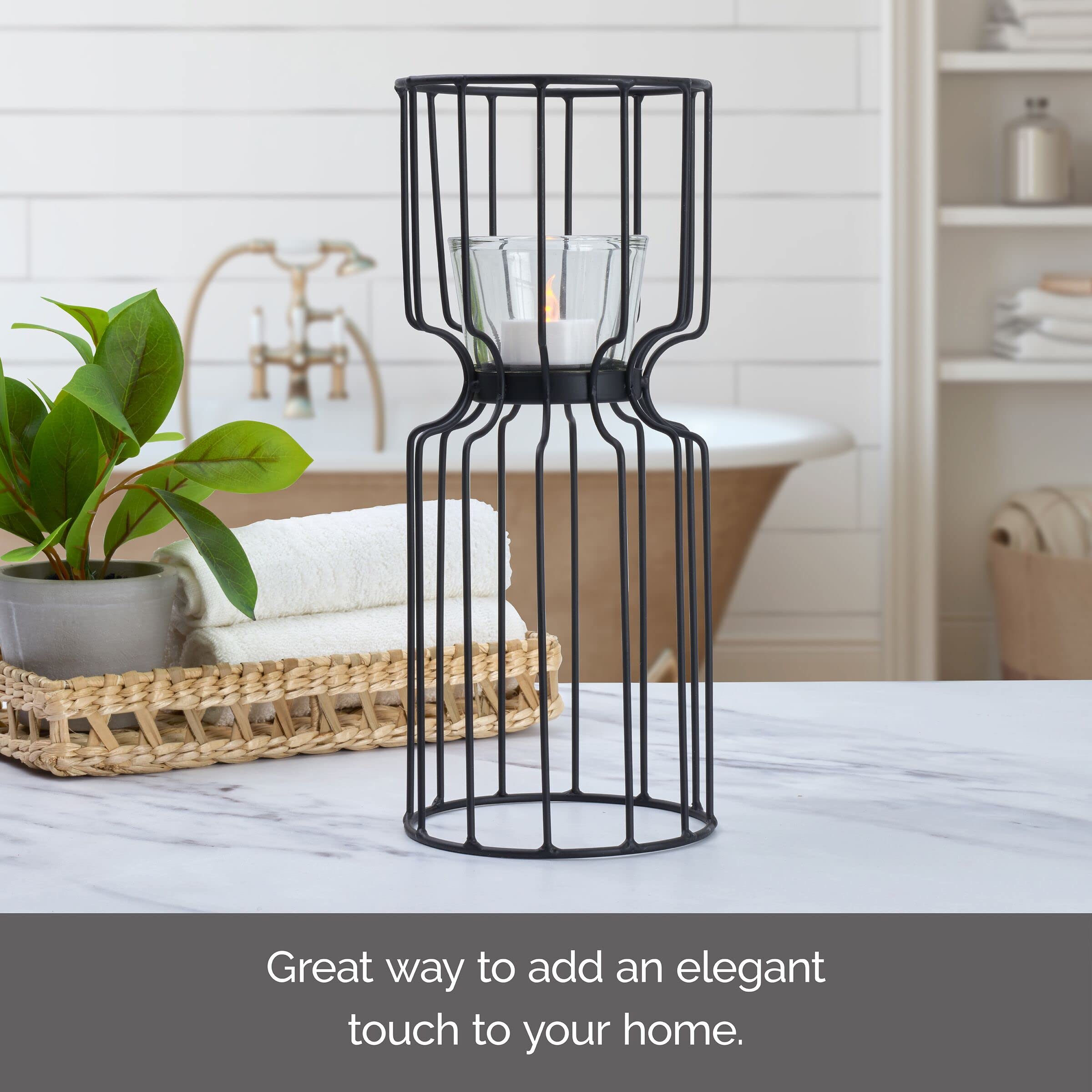 Elements 5.12X5.12X11.42 Inch Black Metal Wire With Clear Glass Votive Holder, For Use With Wax Or Flameless Candle