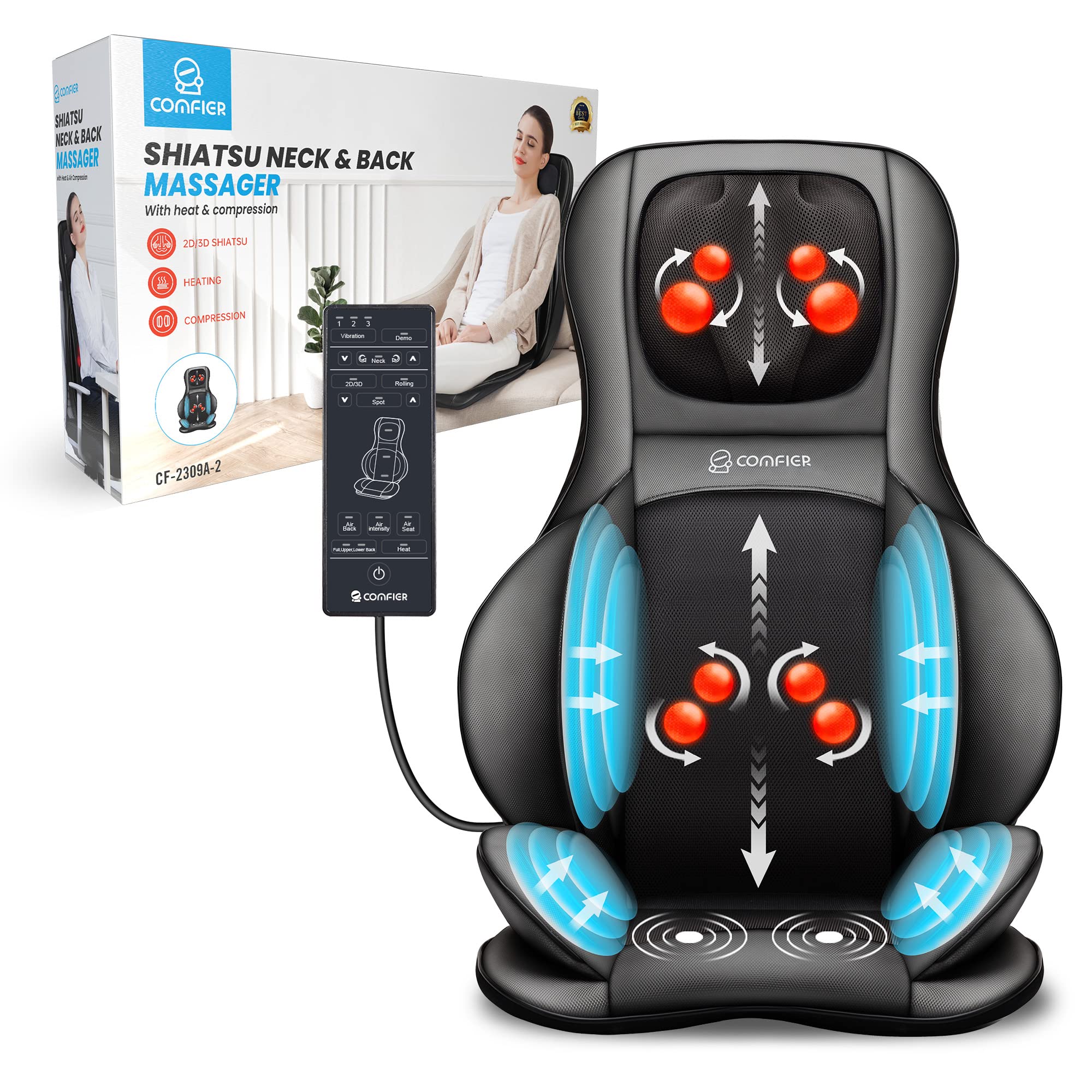 Comfier Neck Back Massager With Heat, Shiatsu Massage Chair Pad 2D/3D Kneading & Compression Massager, Full Body For And Back,Sh