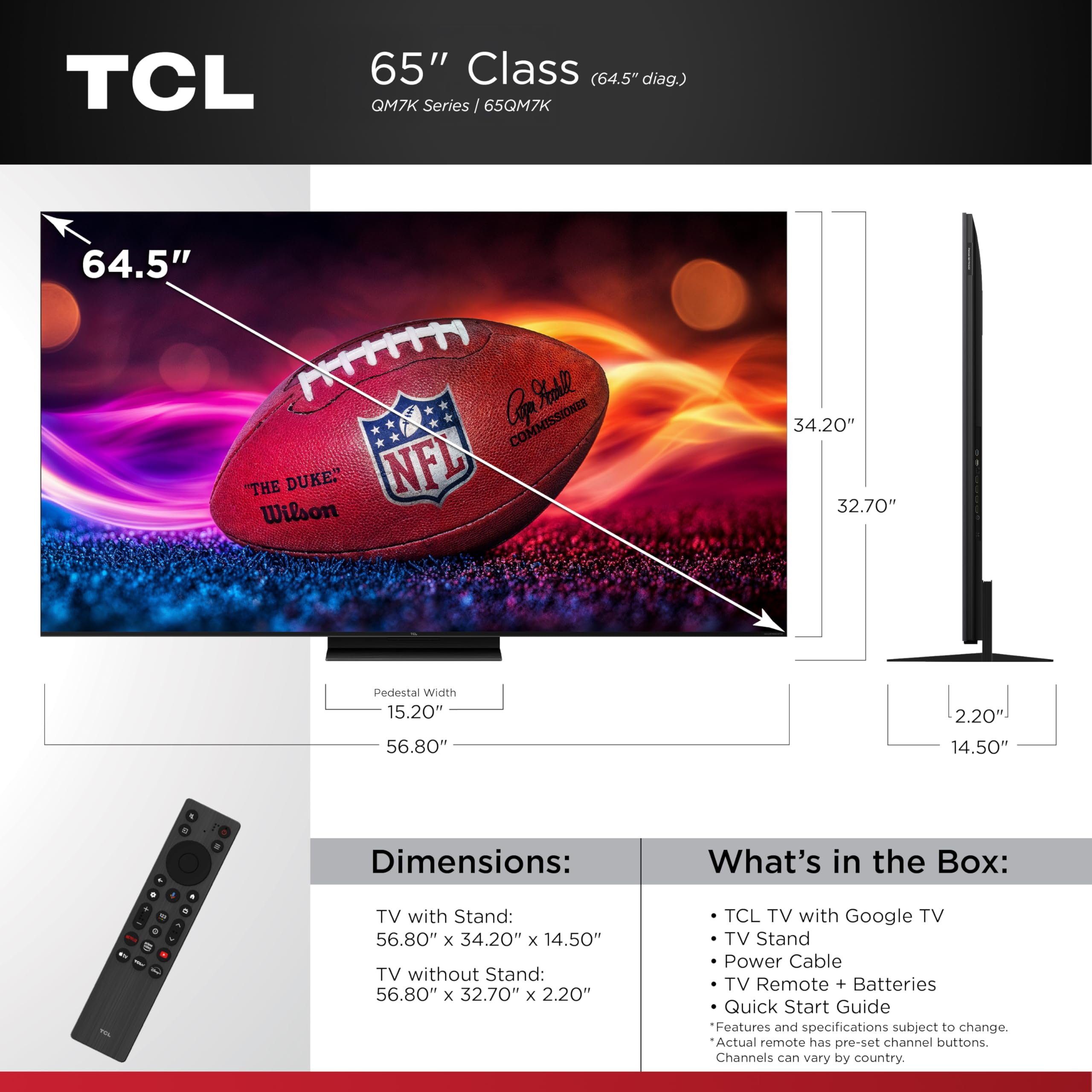 Tcl 65-Inch Qm7K Qled 4K Smart Qd-Mini Led Tv With Google Tv (65Qm7K, 2025 Model) Dolby Vision Iq, Dolby Atmos, Hdr, Game Accele