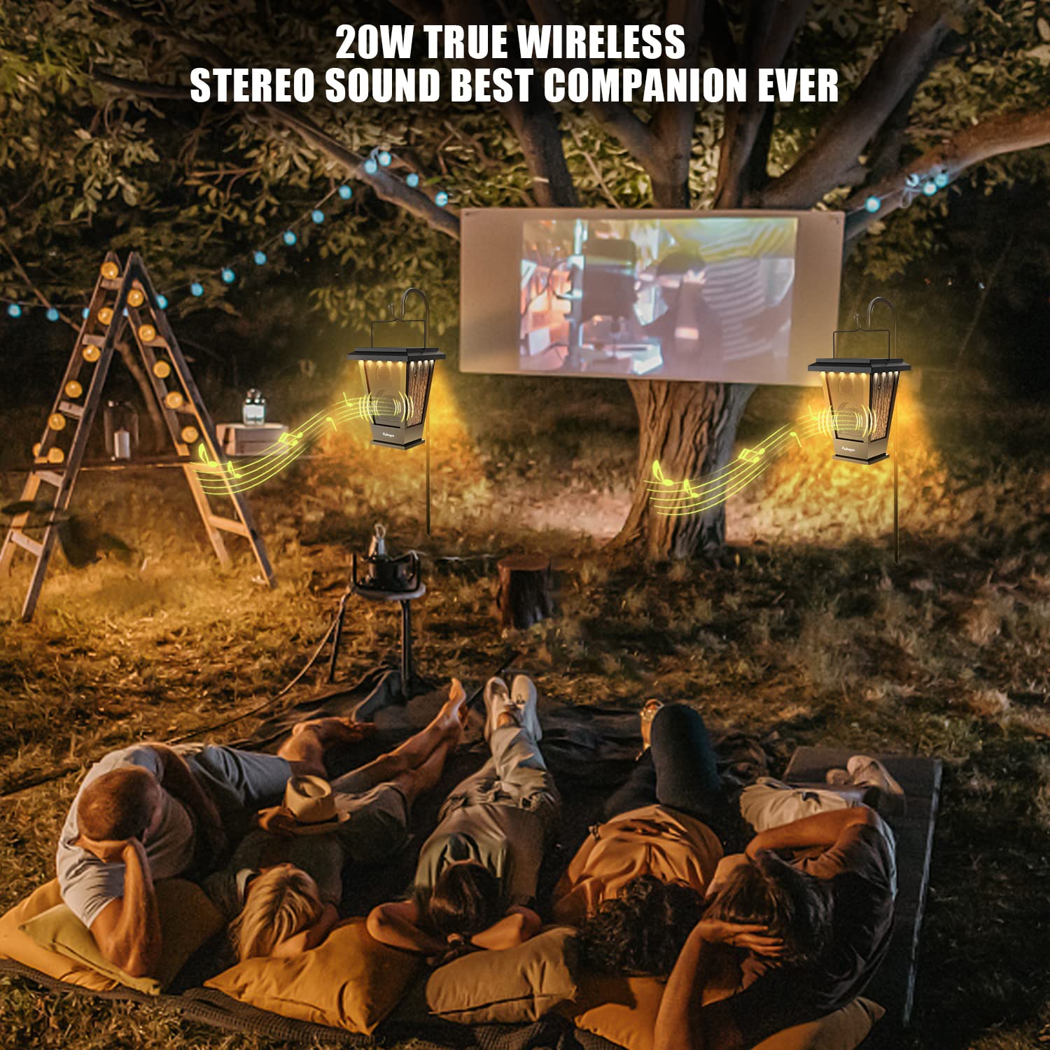 Pohopa Bluetooth Speakers Waterproof, Solar Powered 2 Packs True Wireless Stereo Sound 20W Speakers Dual Pairing Lantern Indoor Outdoor Speakers With 20 Piece Led Lights, Richer Bass, Black