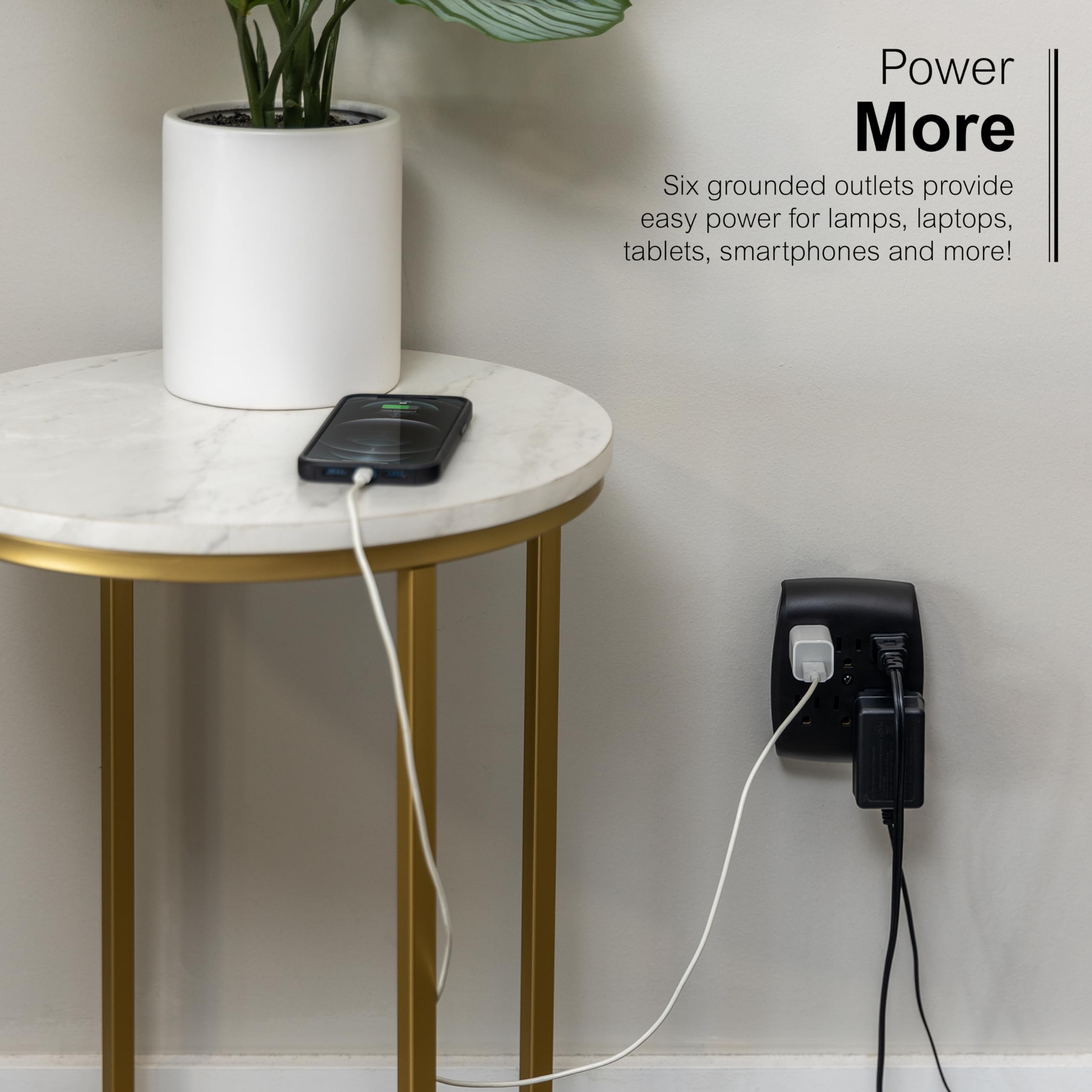 GE 6-Outlet Extender Wall Tap, Grounded Adapter, Charging Station, UL Listed, Black, 1 Pack