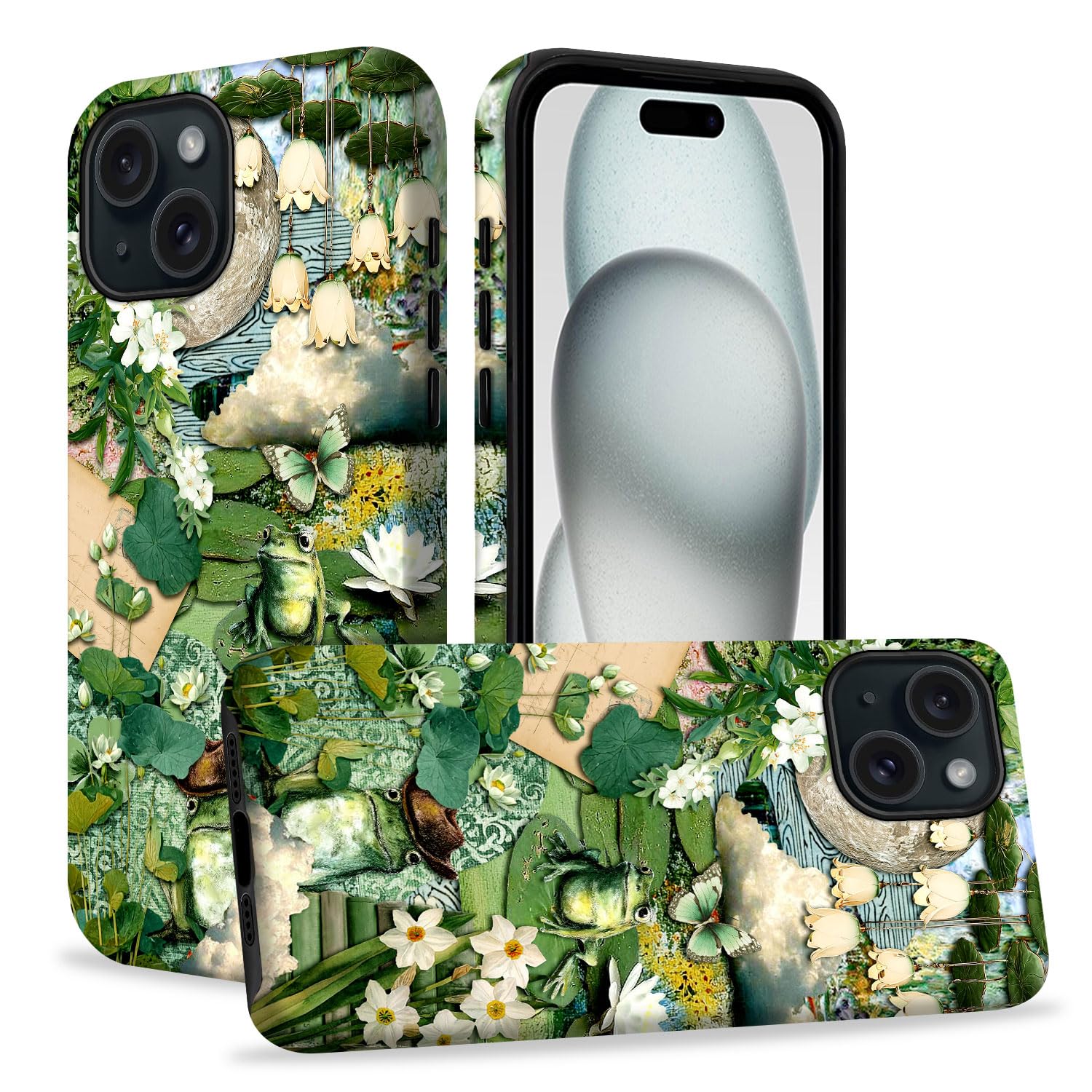 Bapzix Compatible with iPhone 15 Plus Case,Lotus Leaf Frog Collage Classic Hybrid Phone Cover