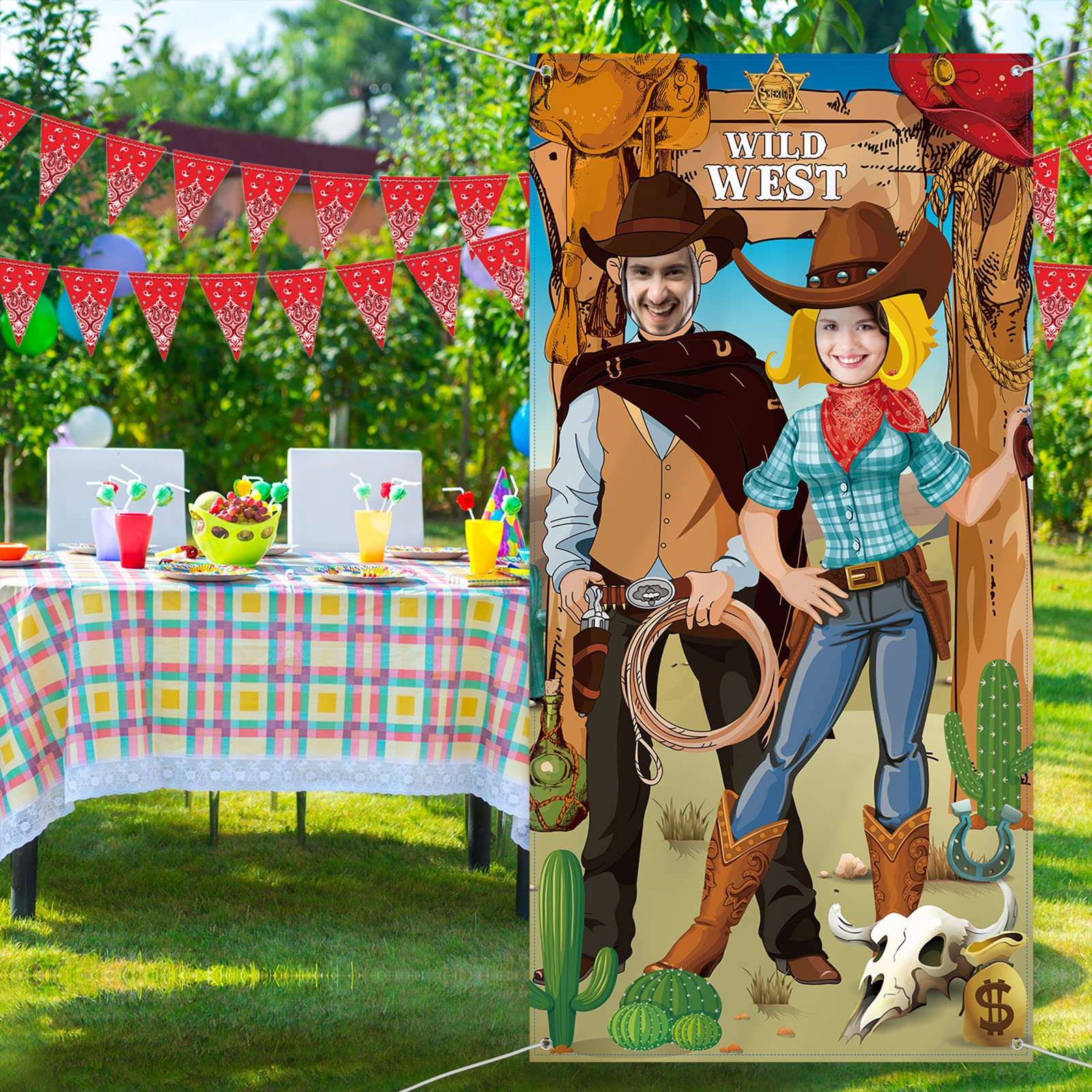 Blulu Cowboy Party Decorations Western Photo Booth Props, Large Fabric West Cowboy Door Banner Background, Funny Western Games Supplies, 6 X 3 Ft