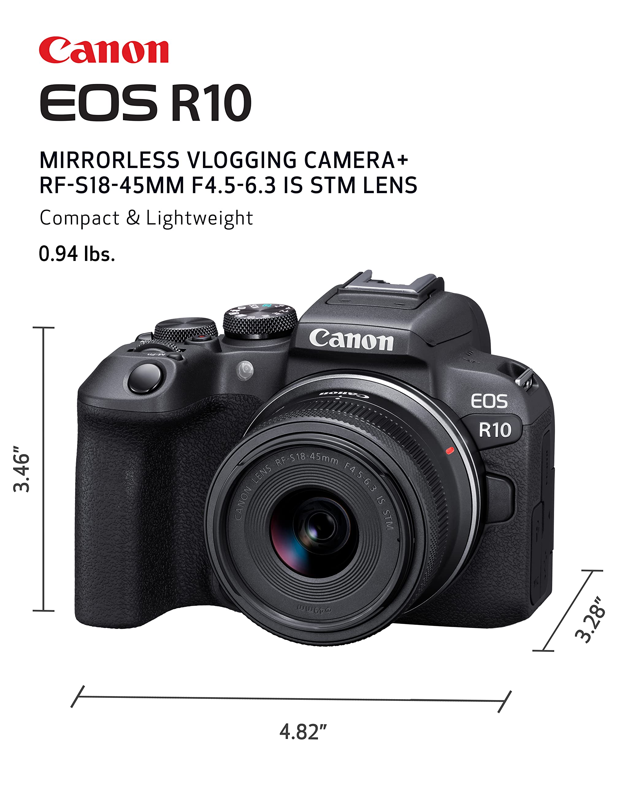 Canon EOS R10 Mirrorless Camera RF S18 45mm F4.5 6.3 is STM Lens Kit, Hybrid Camera, 24.2 Megapixel CMOS (APS C) Sensor, 4K Video, Vlogging Camera for Content Creators, Black