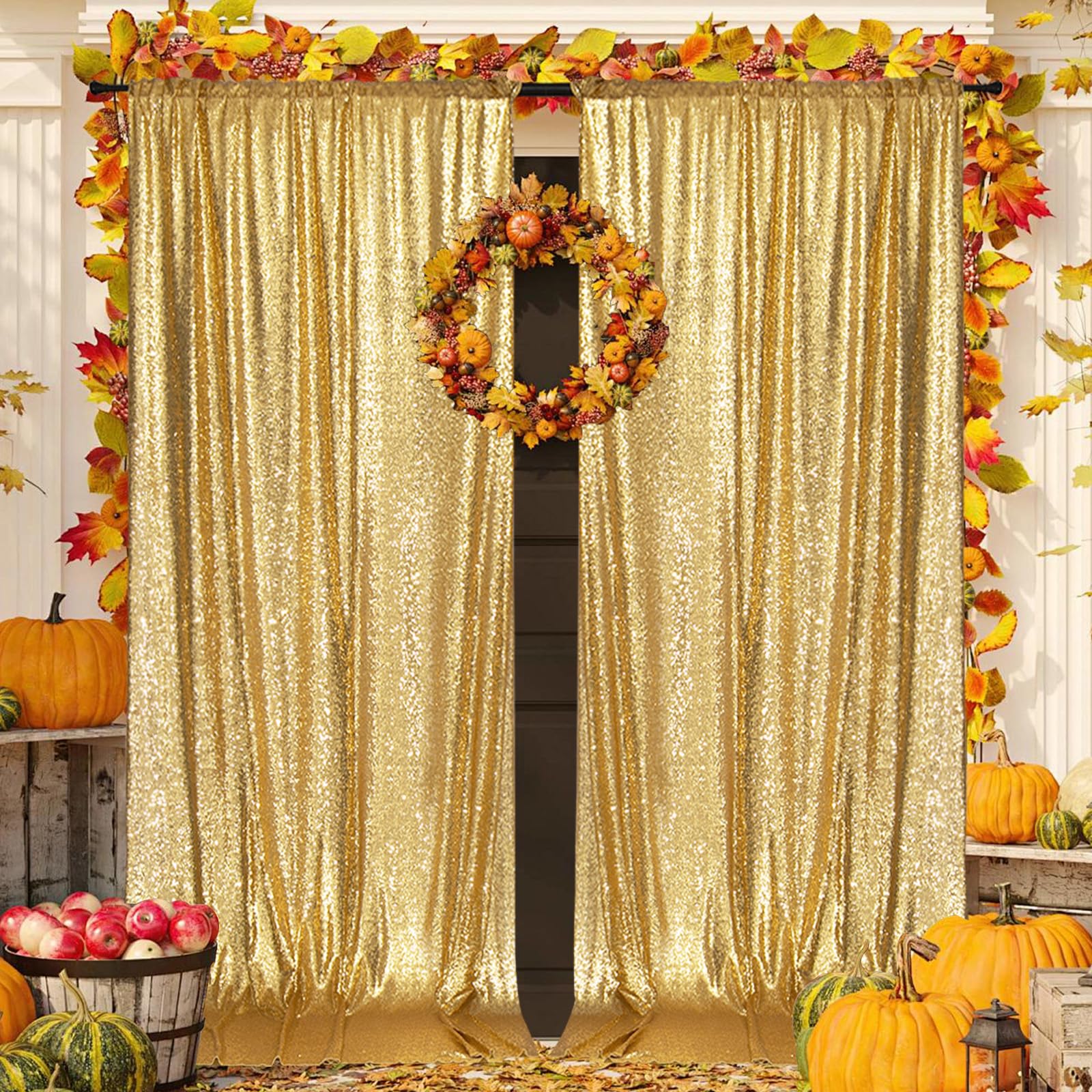 Partydelight 2 Panels Gold 5Ft X 10Ft Sparkly Sequin Backdrop Curtains For Wedding, Party, Room Decorations.