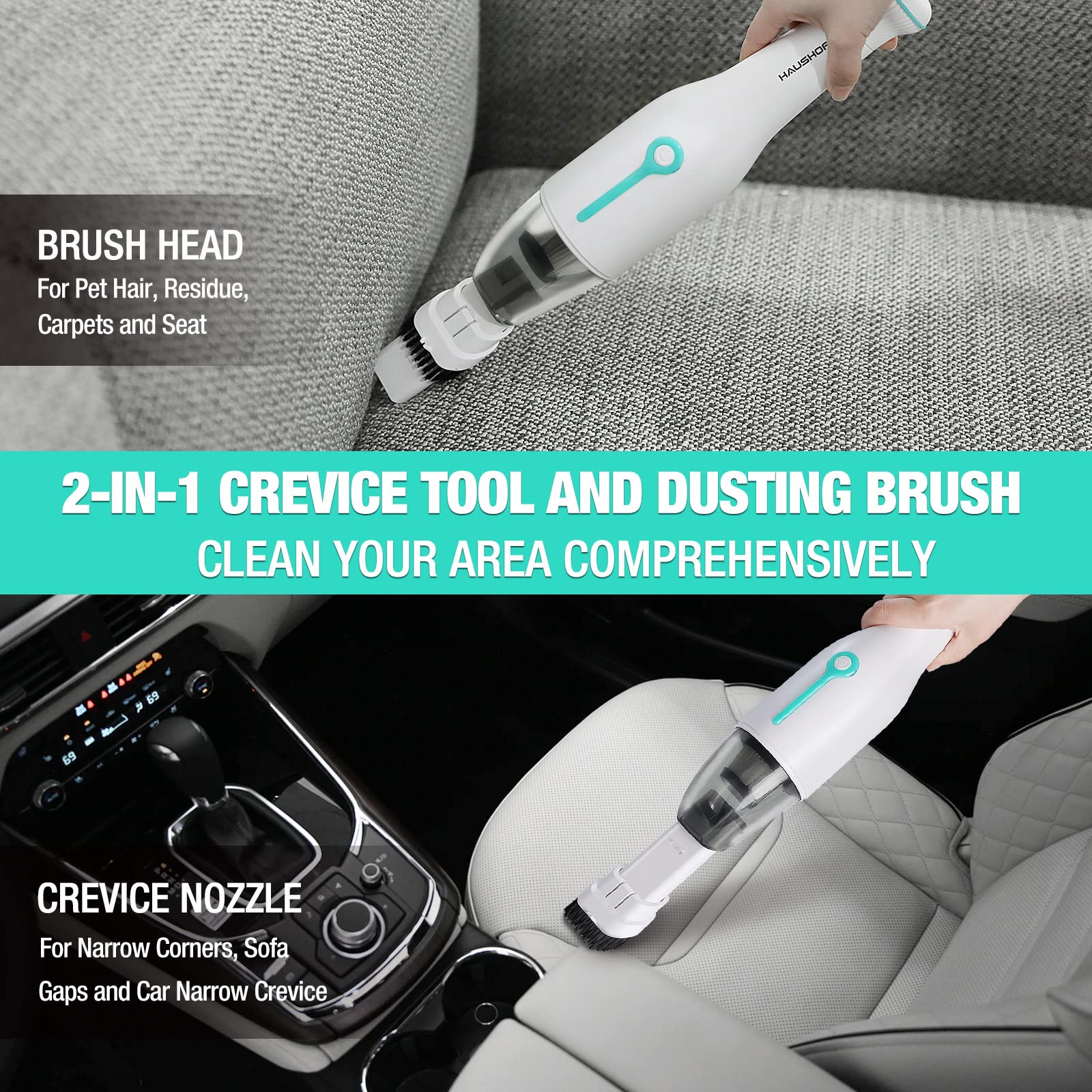 Haushof Handheld Vacuum, Cordless Car Vacuum Cleaner 8000Pa/12000Pa 2 Modes With Cleaning Brush, Rechargeable Portable Mini Vacu