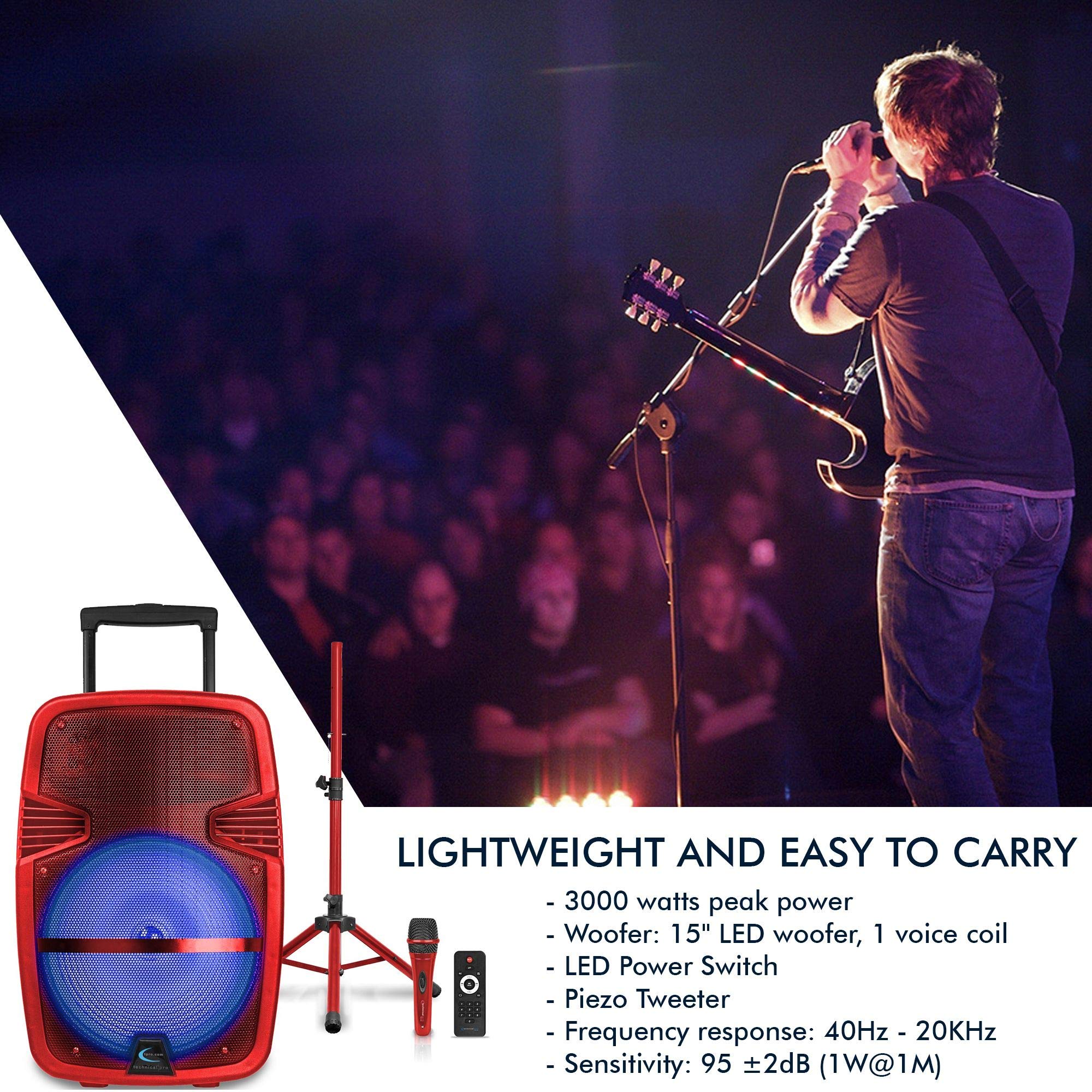 Technical Pro 15 Portable Rechargeable Battery Powered 3000 Watts Pro Dj Bluetooth Led Loudspeaker Package With Tripod Stand, Mi