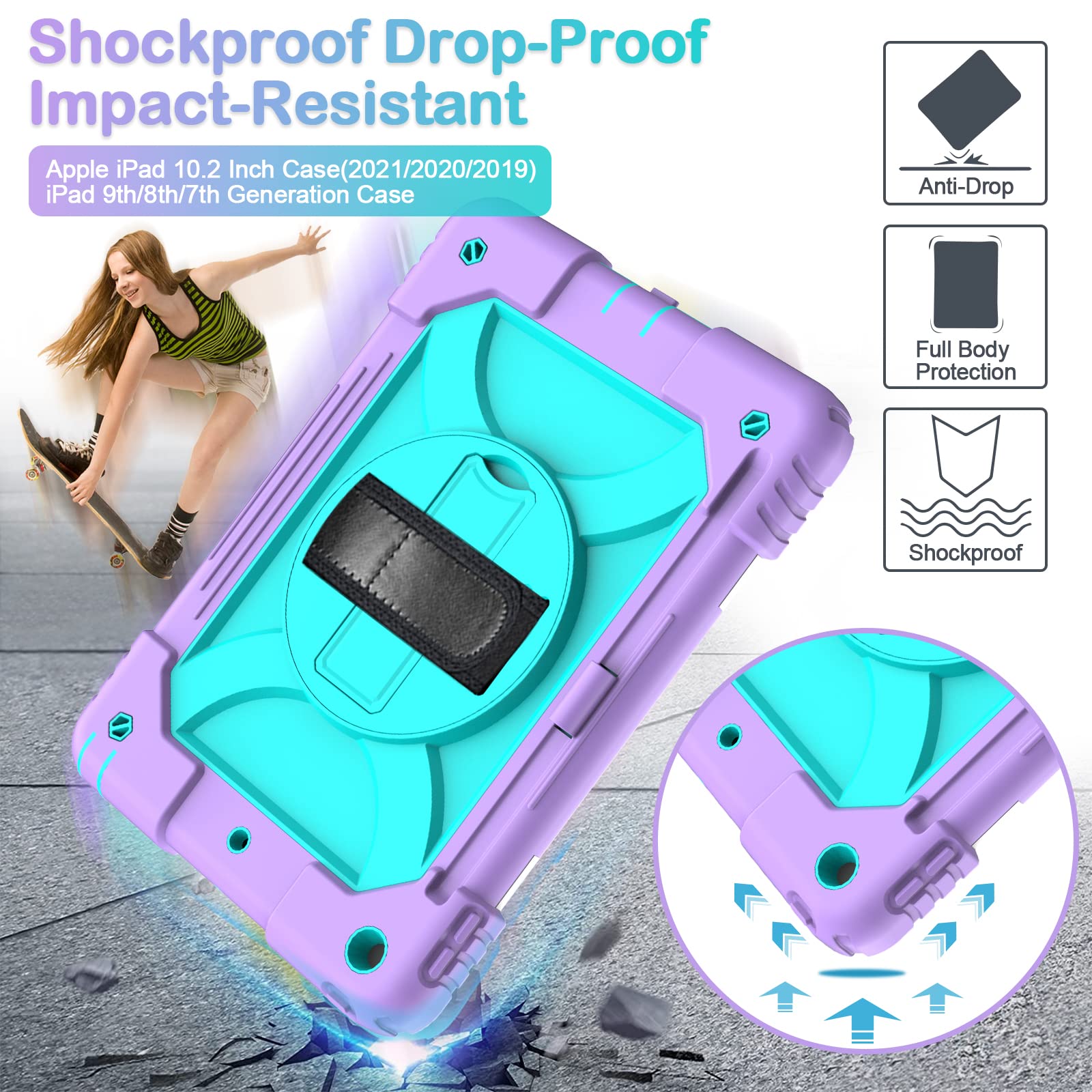 Bmouo Ipad 9Th/8Th/7Th Generation Case, Ipad 10.2 Case, Shockproof 360 Rotating Stand Shoulder Hand Strap Ipad 9Th/8Th/7Th Gen C