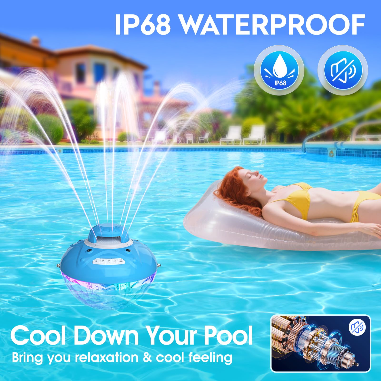 Blufree Bluetooth Pool Speaker W/Colorful Pool Fountain Light, 3 In 1 Floating Pool Speaker Loud Sound, Ip68 Waterproof Floating