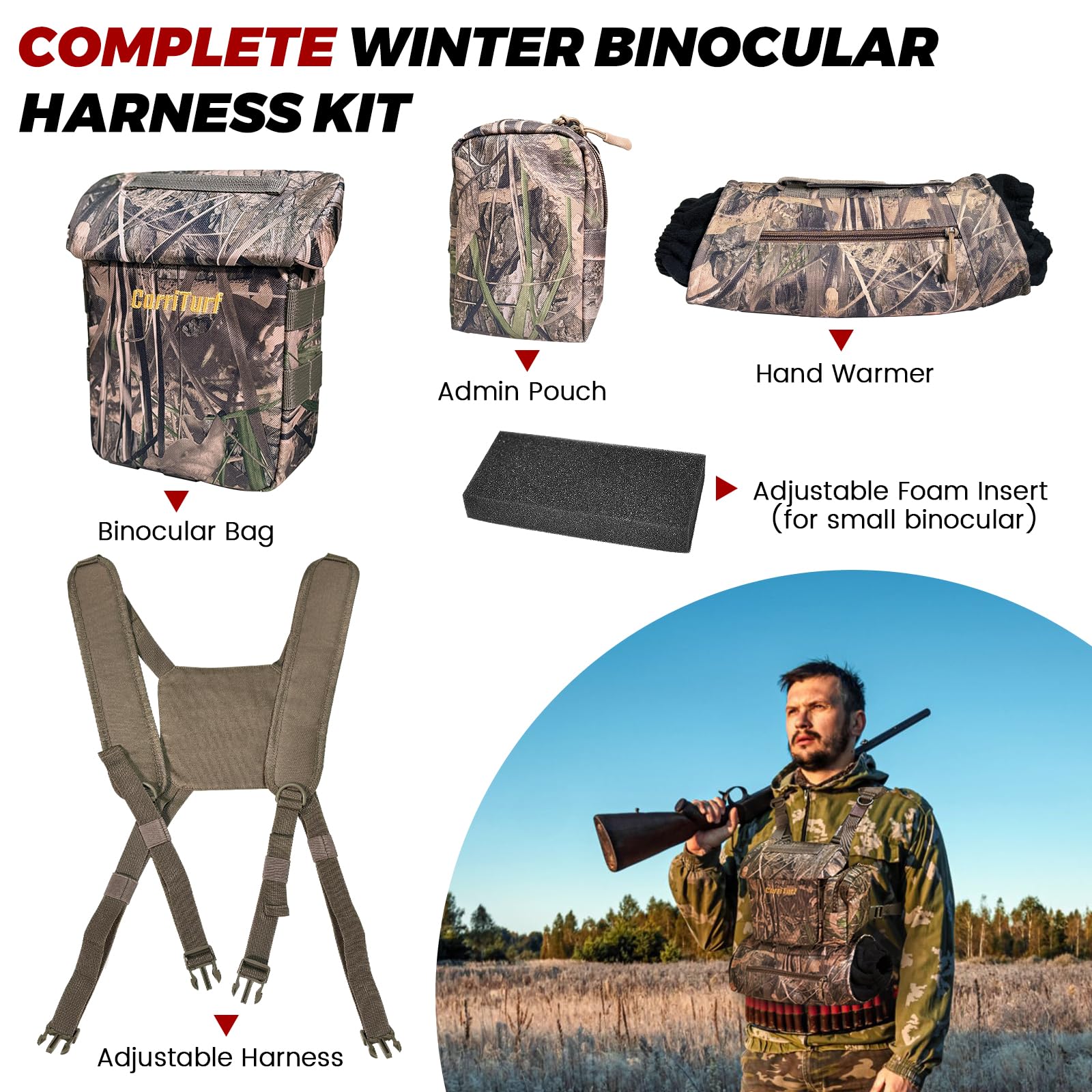 Carriturf Binoculars Harness With Rangefinder Pouch   Lightweight, Silent, Magnetic Closure, Hand Warmer Pockets, For Hunting