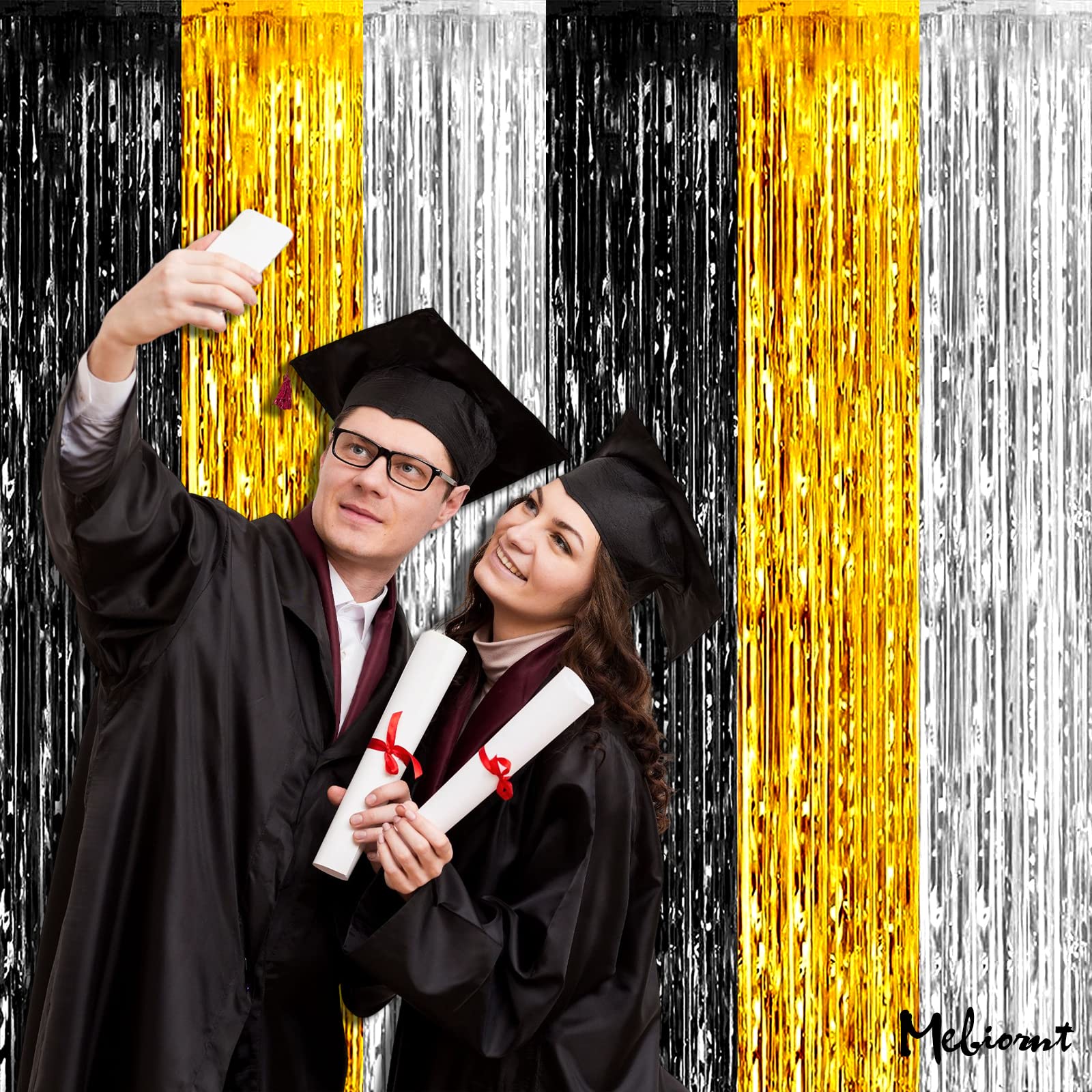 4 Pack 3.2Ft X 8.2Ft Black Gold Silver Fringe Curtain Backdrop, Metallic Tinsel Foil Fringe Streamers Curtains Background For We