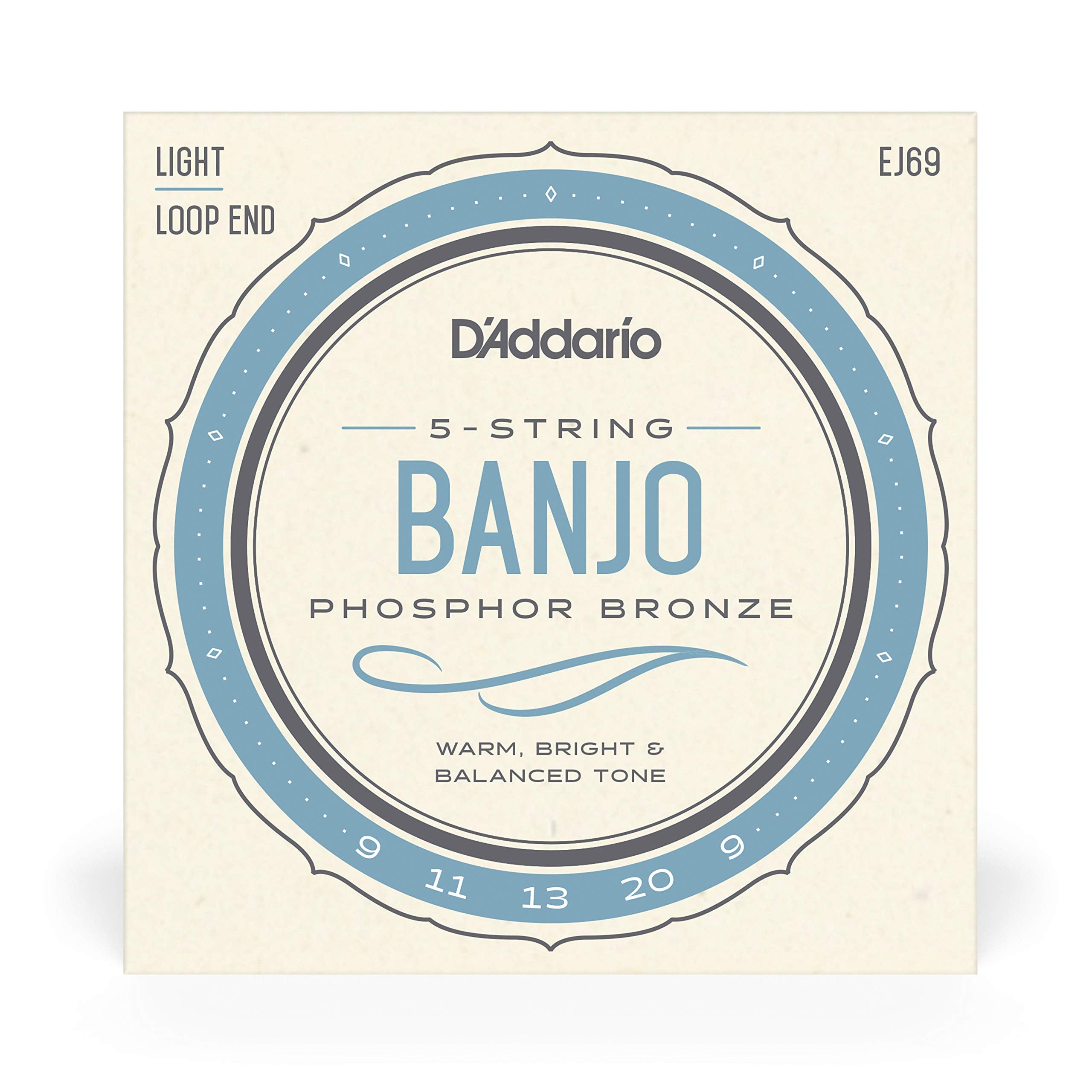 D'Addario Banjo Strings, Phosphor Bronze, Ej69, Light Gauge 9 20, 5 String Set, Pack Of 1