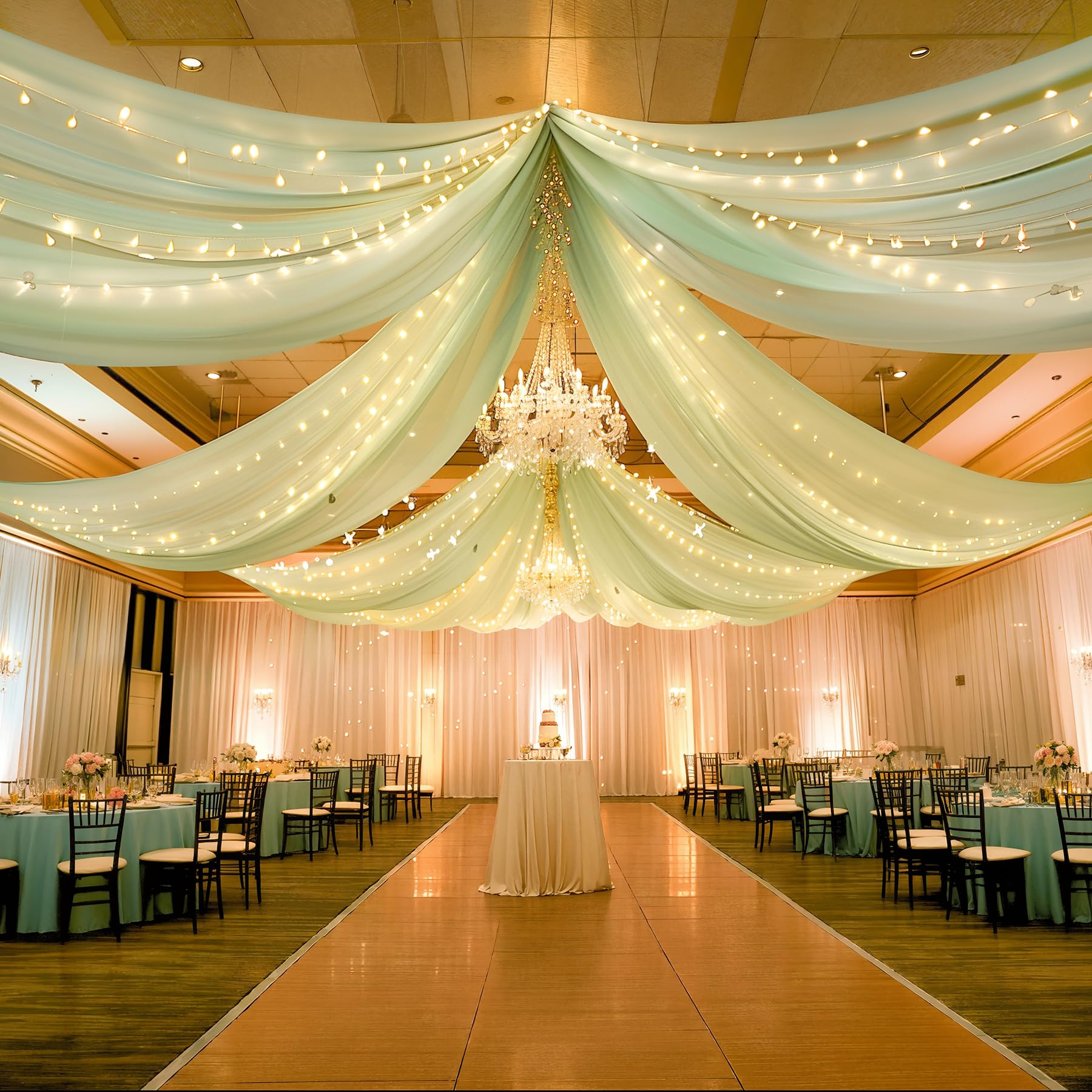 Wish Care Sage Green Ceiling Drapes With Lights String For Weddings, 6 Panels 5Ftx10Ft Sheer Tulle Curtain Drapes For Wedding Ce
