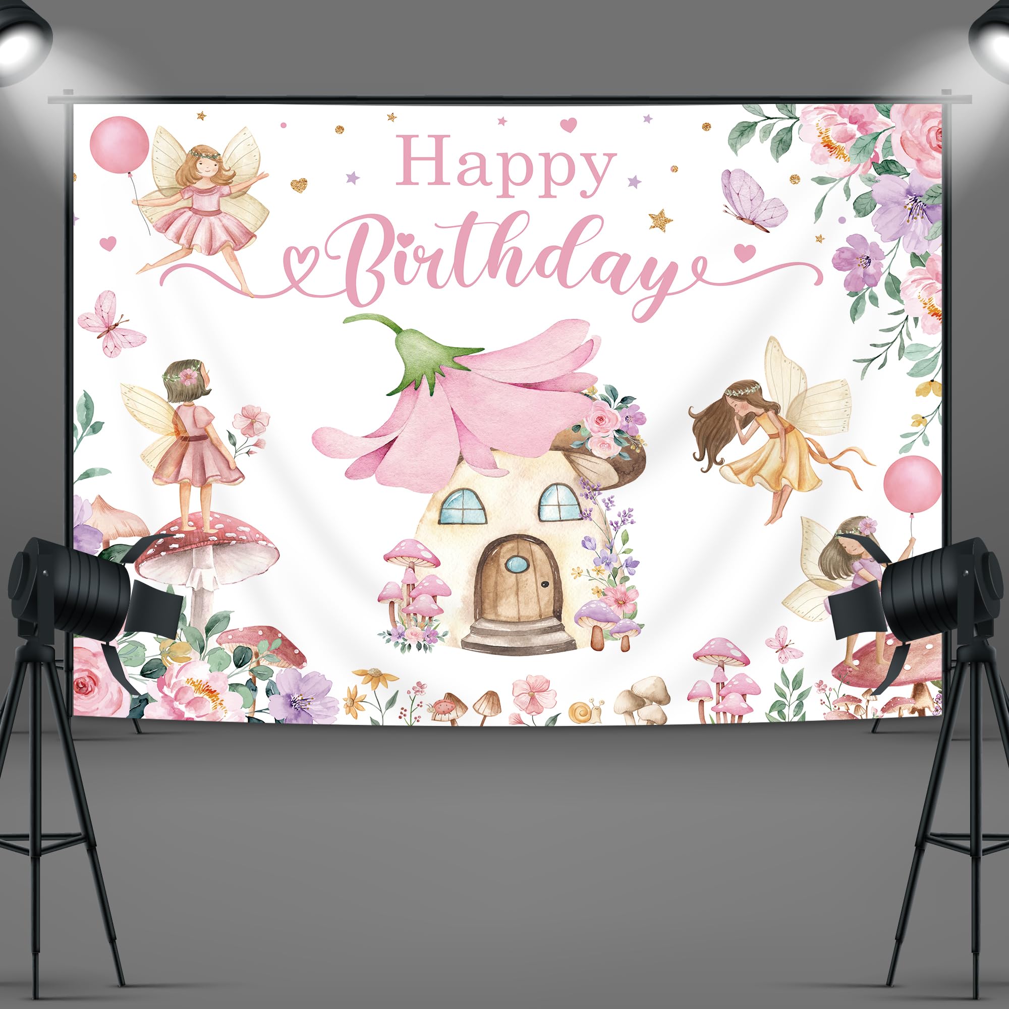 Imirell Fairy Birthday Backdrop 7Wx5H Feet Girls Floral Butterfly Mushroom Wonderland Polyester Fabric Watercolor Cartoon Nurser