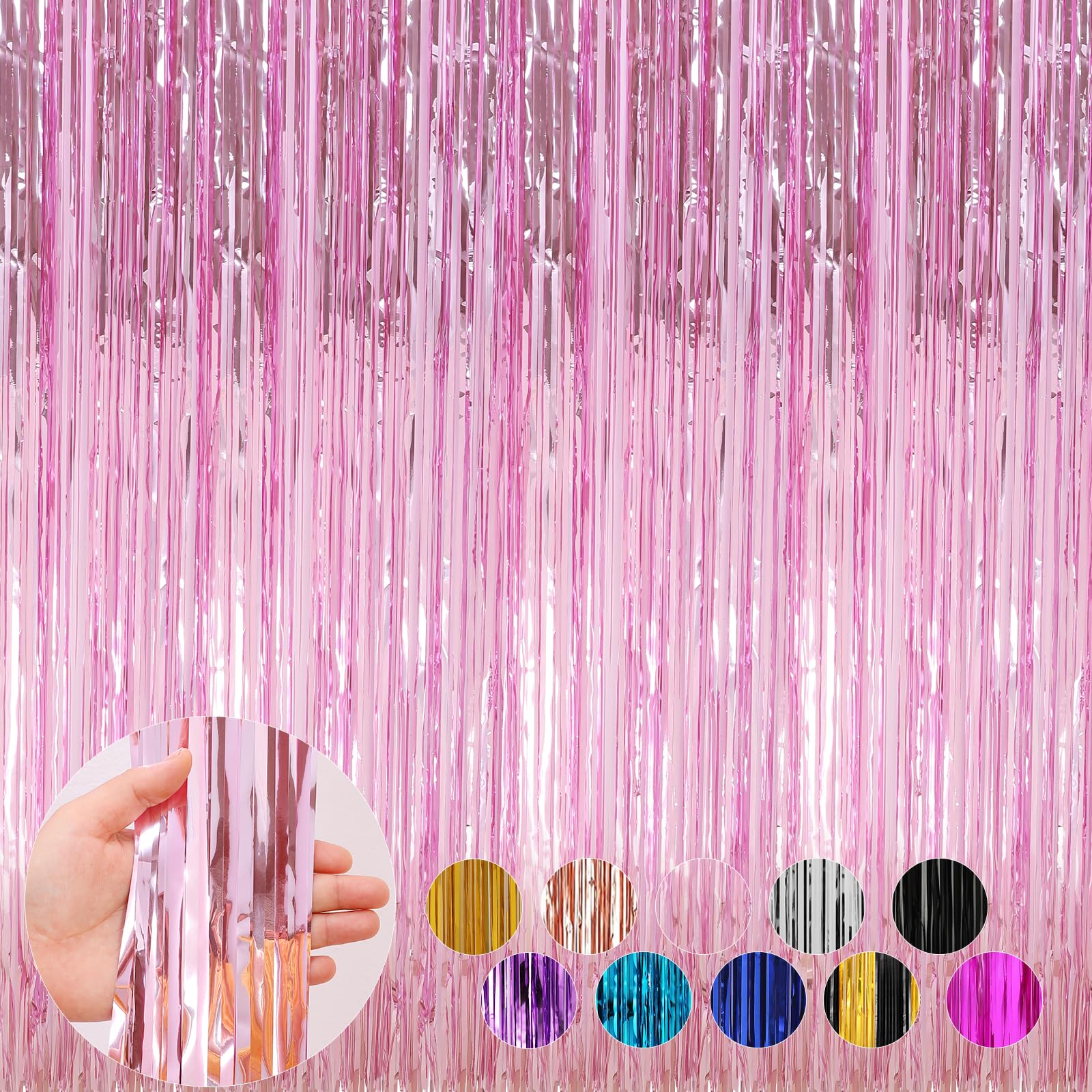 4 Pack Pink Foil Fringe Curtains Door Streamers Party Decorations 3.3 X 8.2 Ft, Pink Tinsel Curtain Fringe Backdrop For Parties,