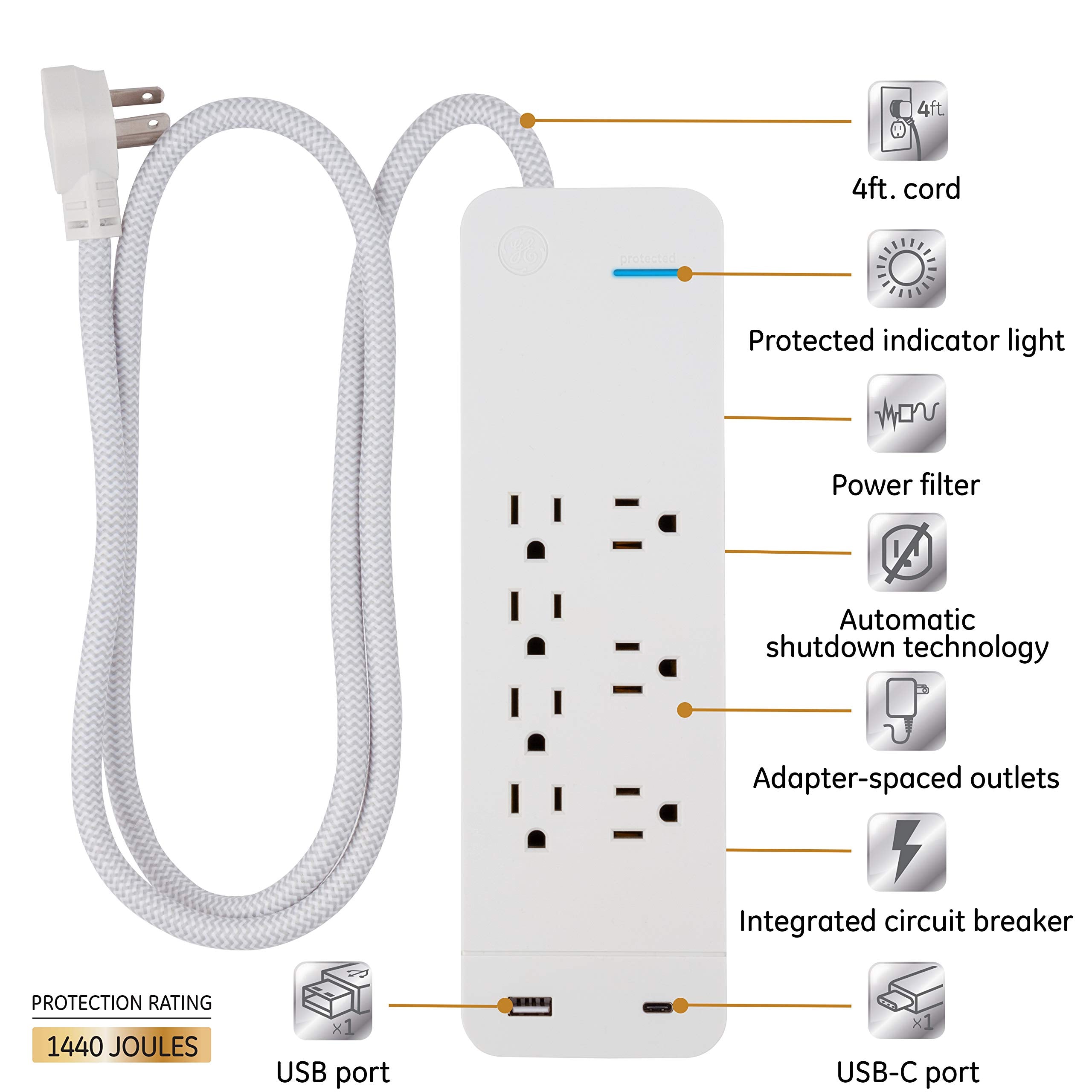 Ge Ultrapro 7 Outlet Surge Protector, Usb C Charging, 4 Ft Designer Braided Extension Cord, 1440 Joules, Compatible W/ Iphone 15