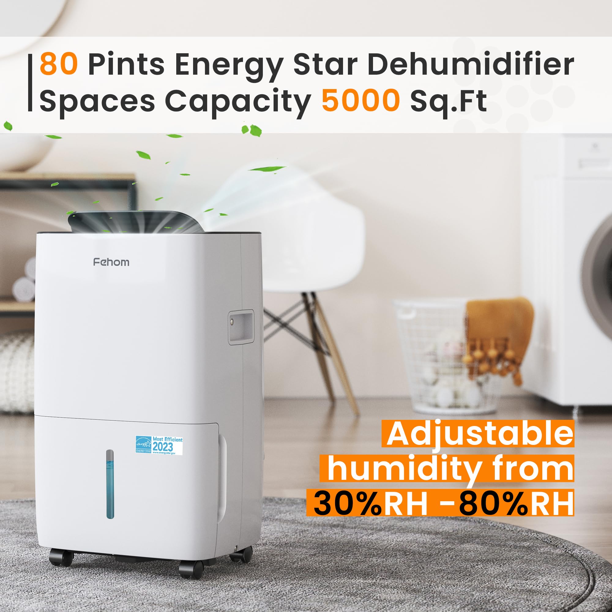 Fehom Dehumidifier 80 Pints Energy Star for 5,000 Sq. Ft. White, Model JD025L-80, Includes Drain Hose and 1.06 Gal Water Tank