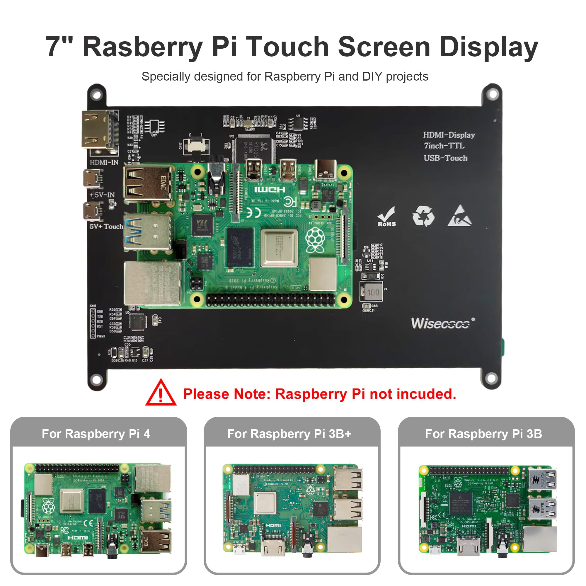 Wisecoco 7 Inch Touchscreen Monitor For Raspberry Pi Hdmi Ips 1024 X 600 Mini Lcd Display For Rpi Pi 5/4B/3B 2 Zero B B+ Windows