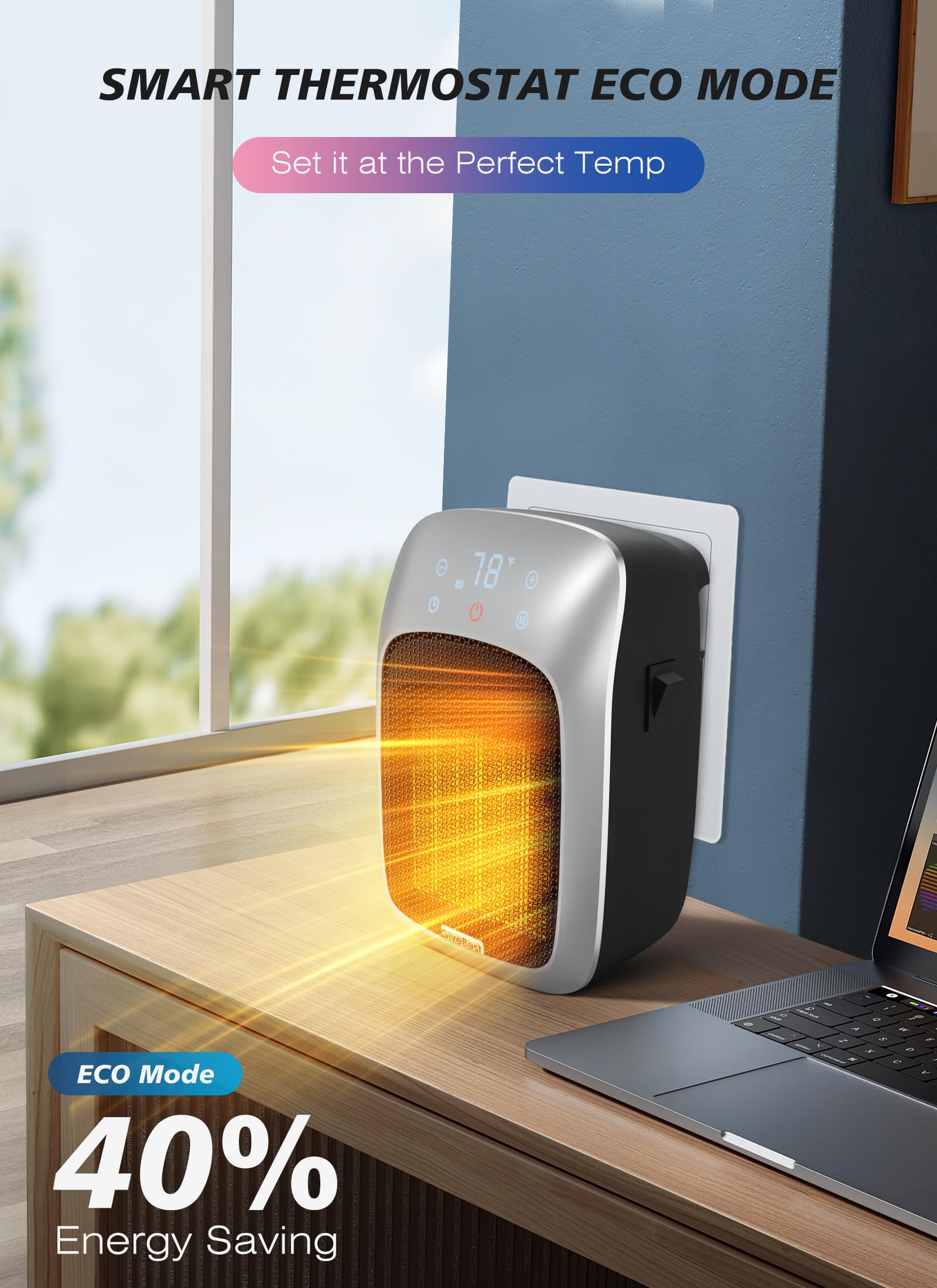 Givebest 800W Plug In Wall Space Heater With Remote, Small Wall Outlet Heater With Adjustable Thermostat And 12H Timer, Led Disp