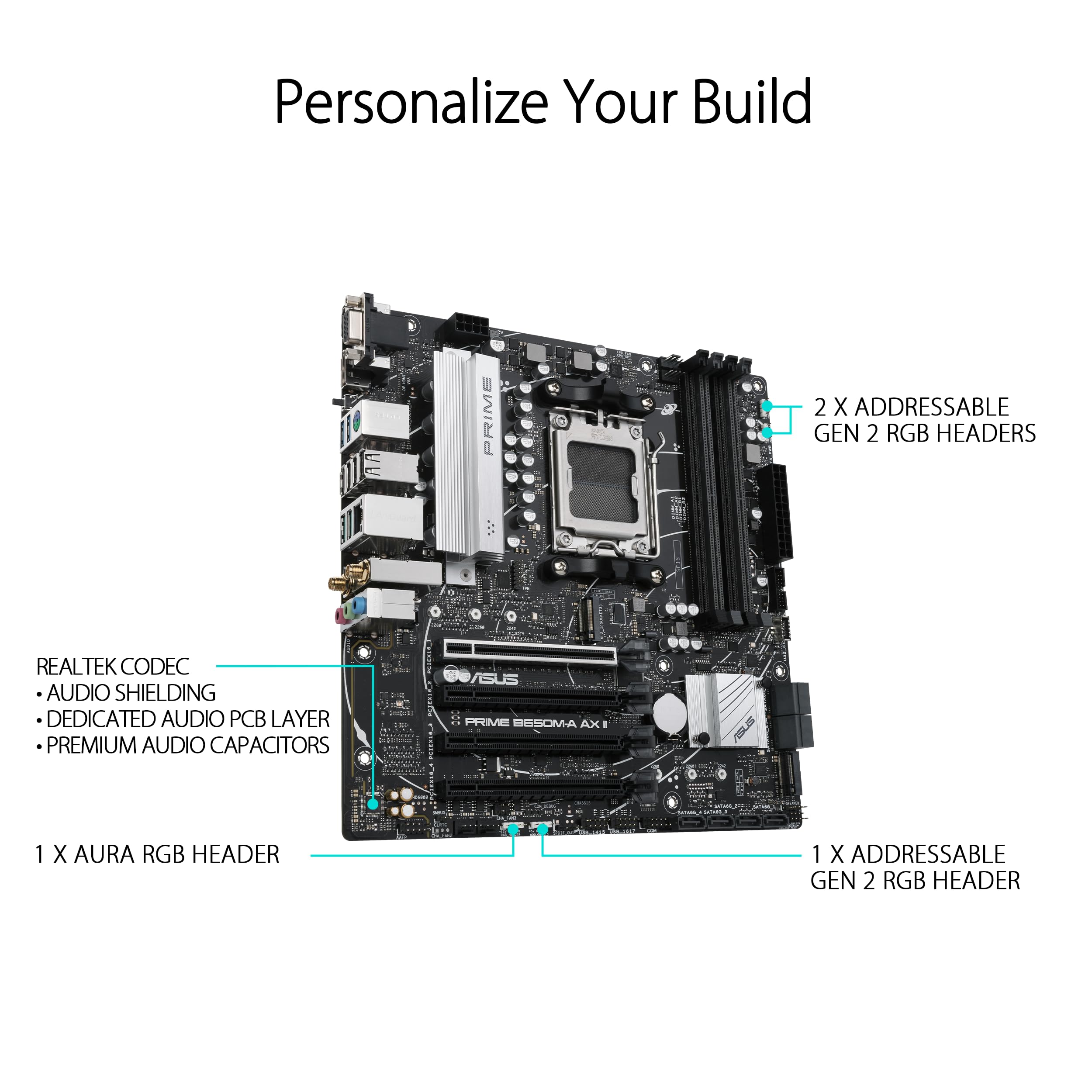 Asus Prime B650M-A Ax Ii Amd B650 Am5 Ryzen Desktop 9000 8000 & 7000 Micro-Atx Matx Motherboard, Ddr5, Pcie 5.0 M.2, 2.5Gb Lan,