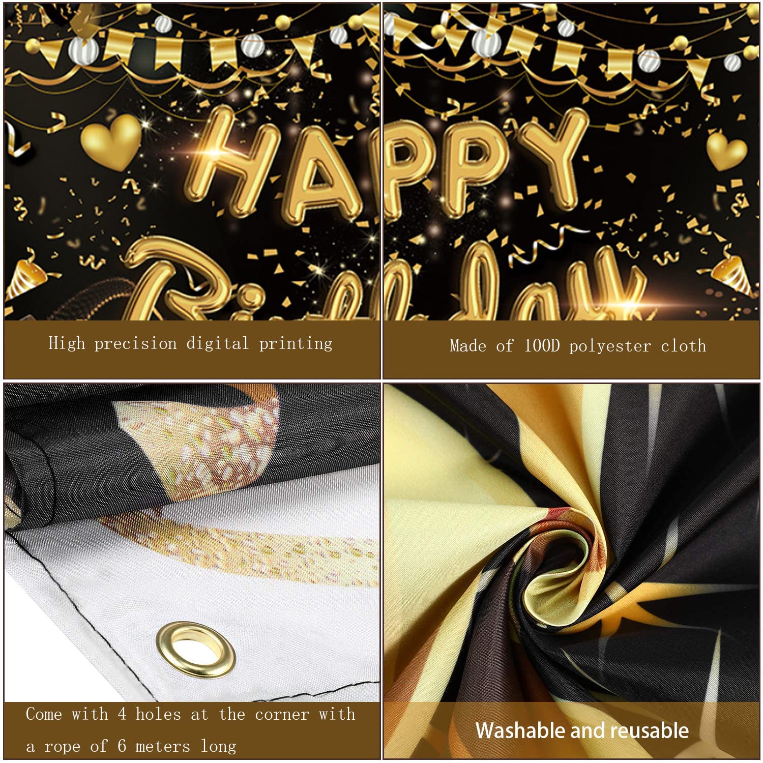 Lovyan Happy Birthday Backdrop Banner Extra Large Fabric Black Gold Sign Poster Photo Booth Background For Men Women Birthday An
