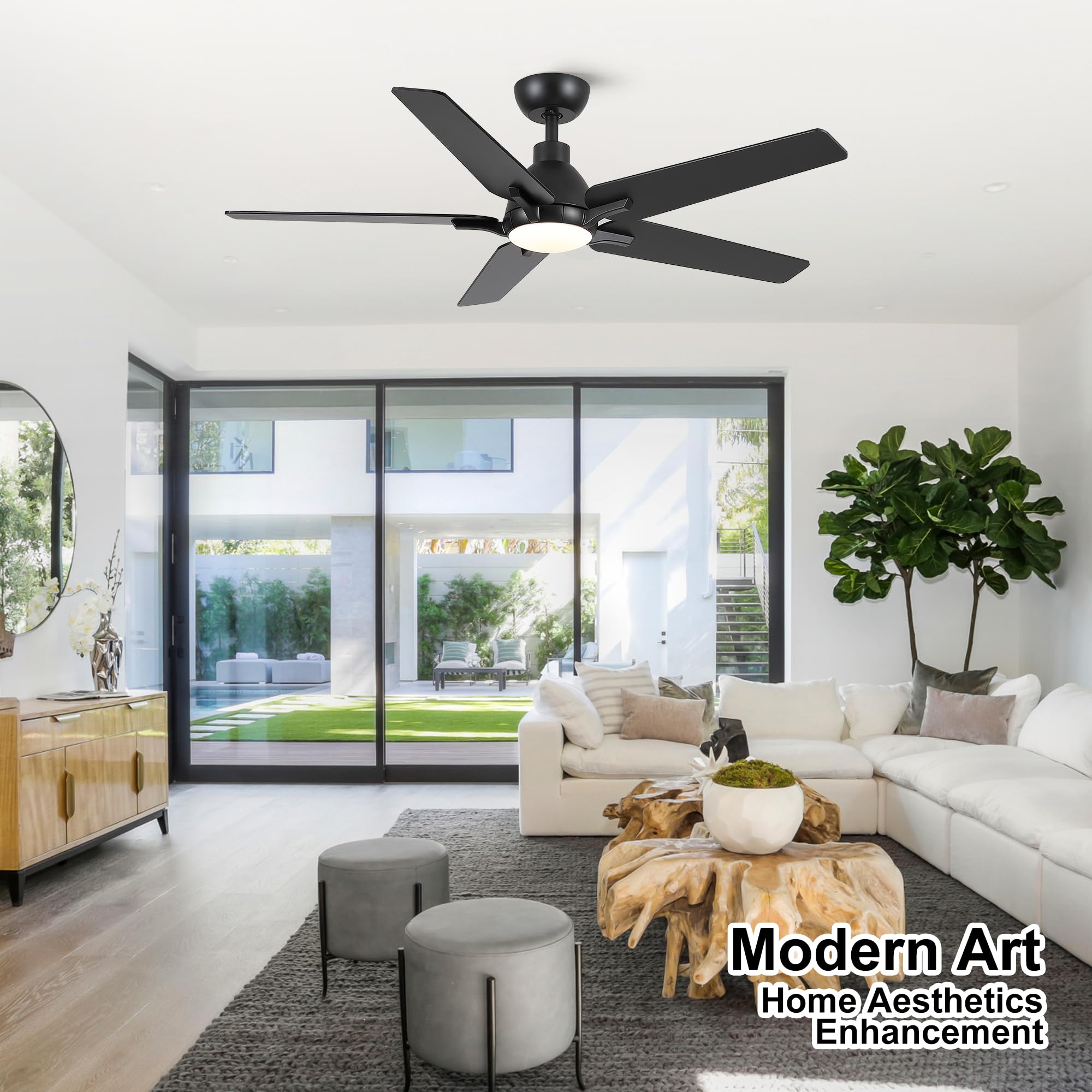 Putroad 52 Inch Ceiling Fans With Lights And Remote, Black Modern Ceiling Fan For Bedroom, Living Room, Dining Room, Patio, Led